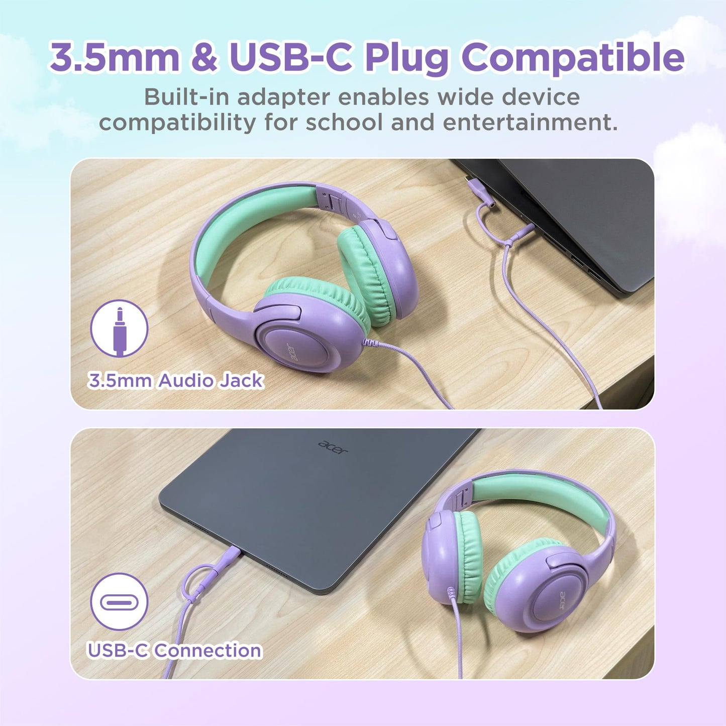Acer Kids Headphones for School, USB-C-3.5mm Dongle, w/Mic HK03