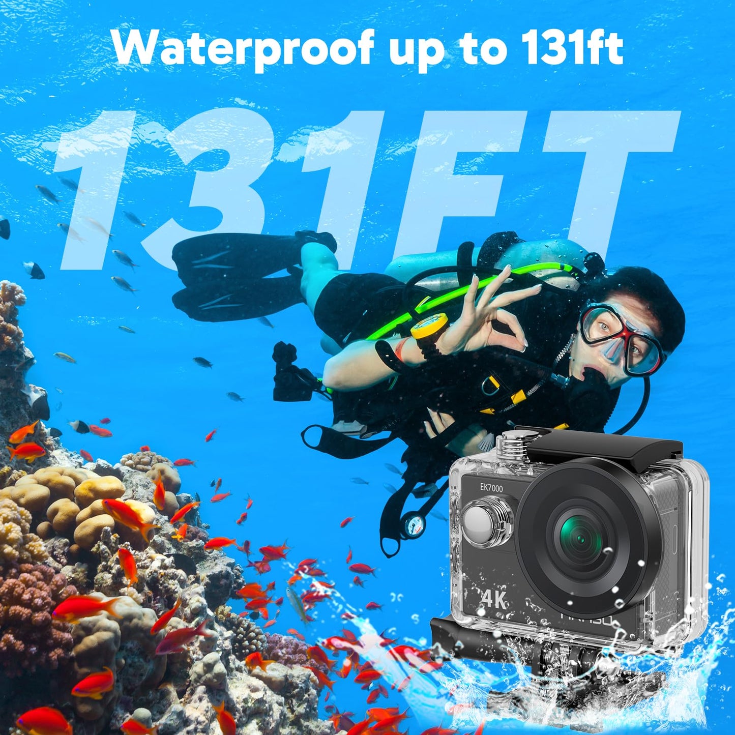 AKASO EK7000 4K30fps Action Camera with 64GB MicroSDXC U3 Memory Card Accessories Kit Bundle Ultra HD 131FT Waterproof Underwater Camera EIS WiFi