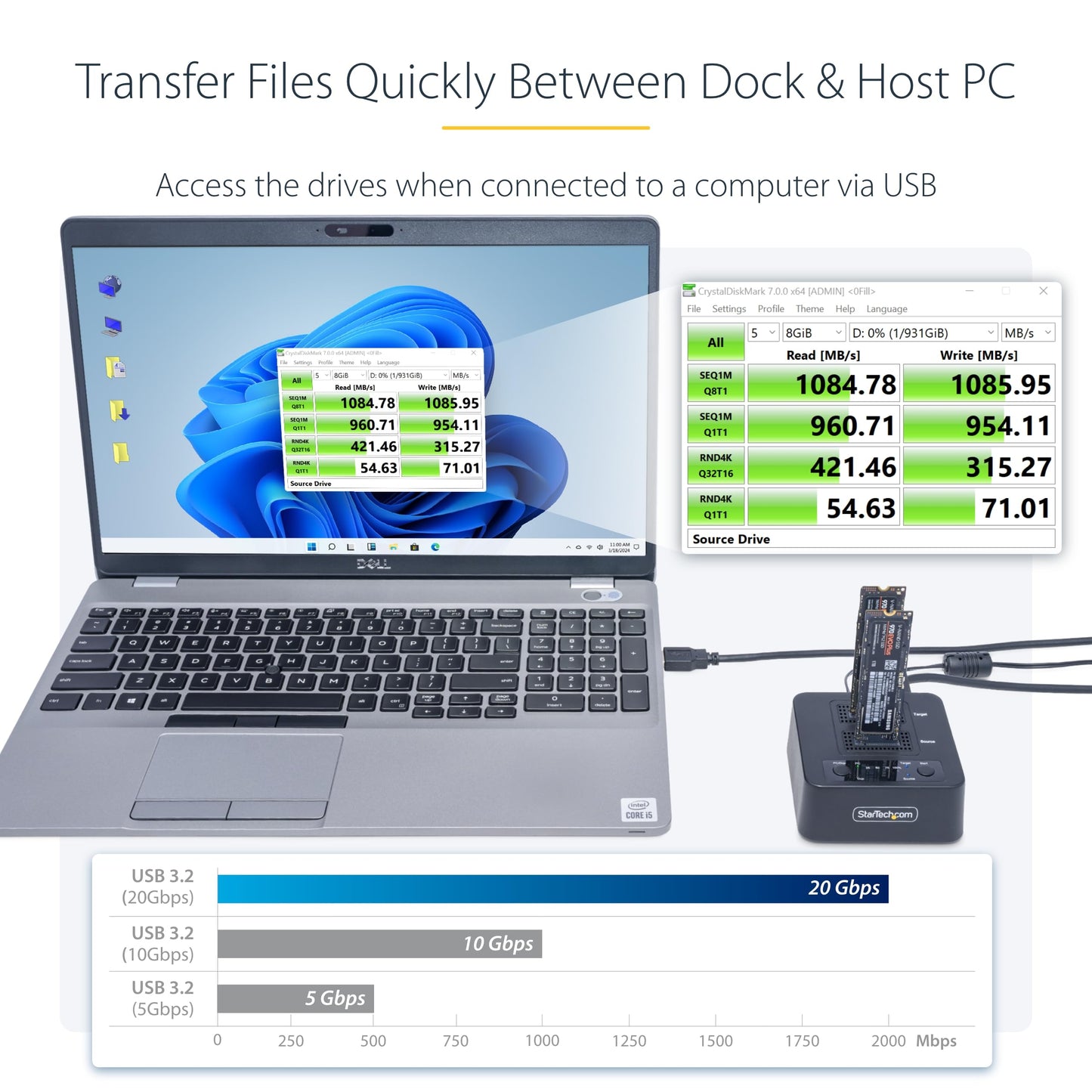 StarTech.com 1:1 M.2 NVMe Drive Duplicator, 90GBpm Standalone SSD Cloner/Copier, USB-C 3.2 20Gbps M.2 Dual-Bay Drive Dock, Black