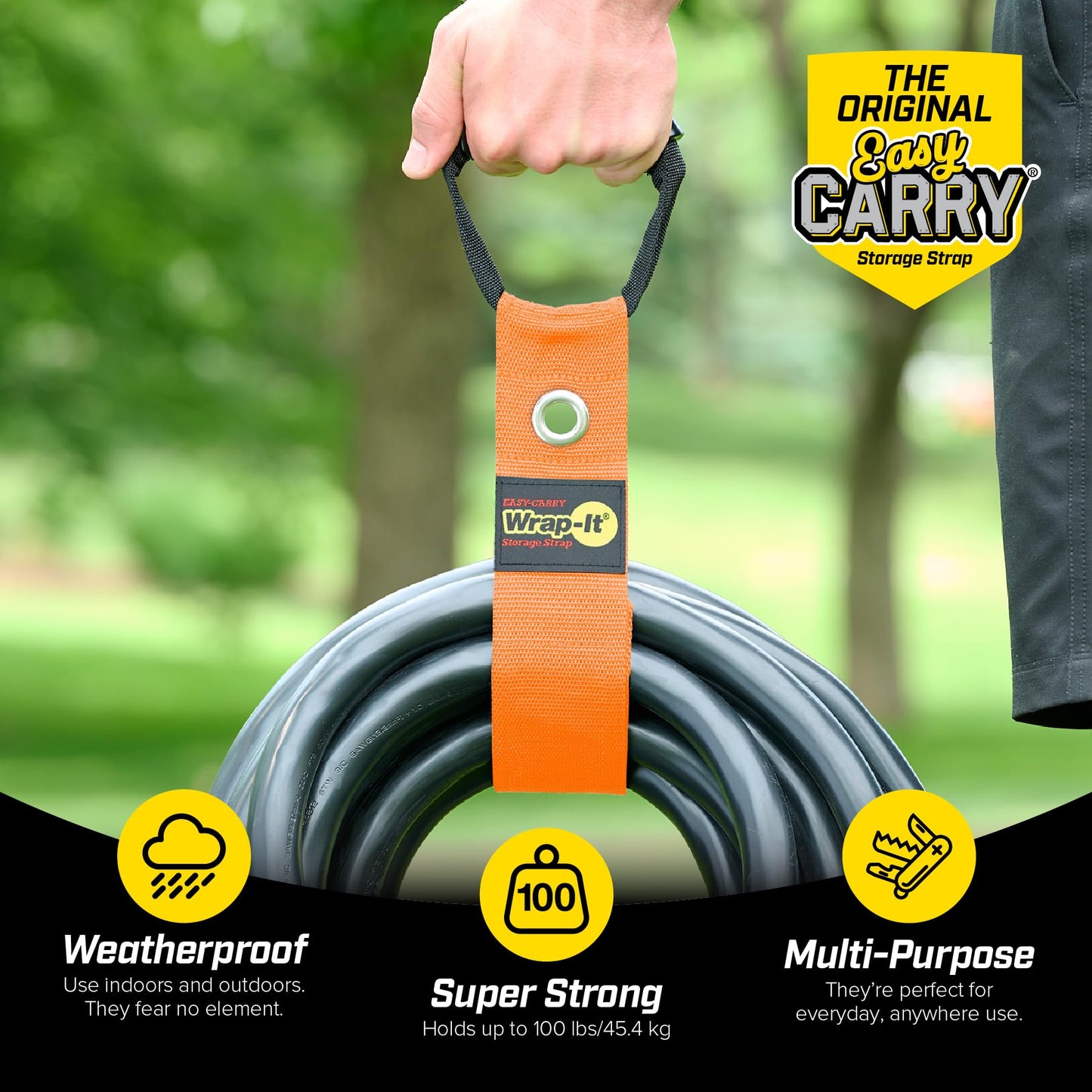 Easy-Carry Wrap-It Storage Straps - 22” (2-Pack) Blaze Orange with Grommet - Extension Cord Storage Holders and Carrying Straps for Garden Hose