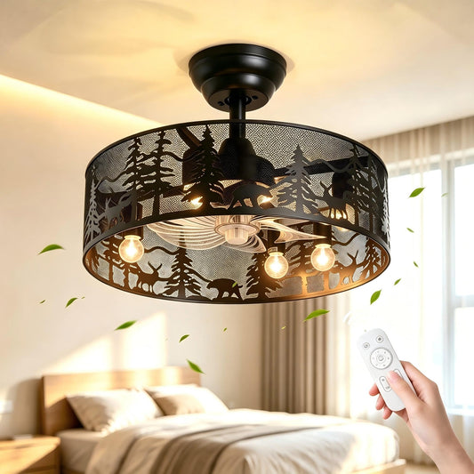 Merexcint Rustic Ceiling Fan with Light and Remote, Black Round Fandelier