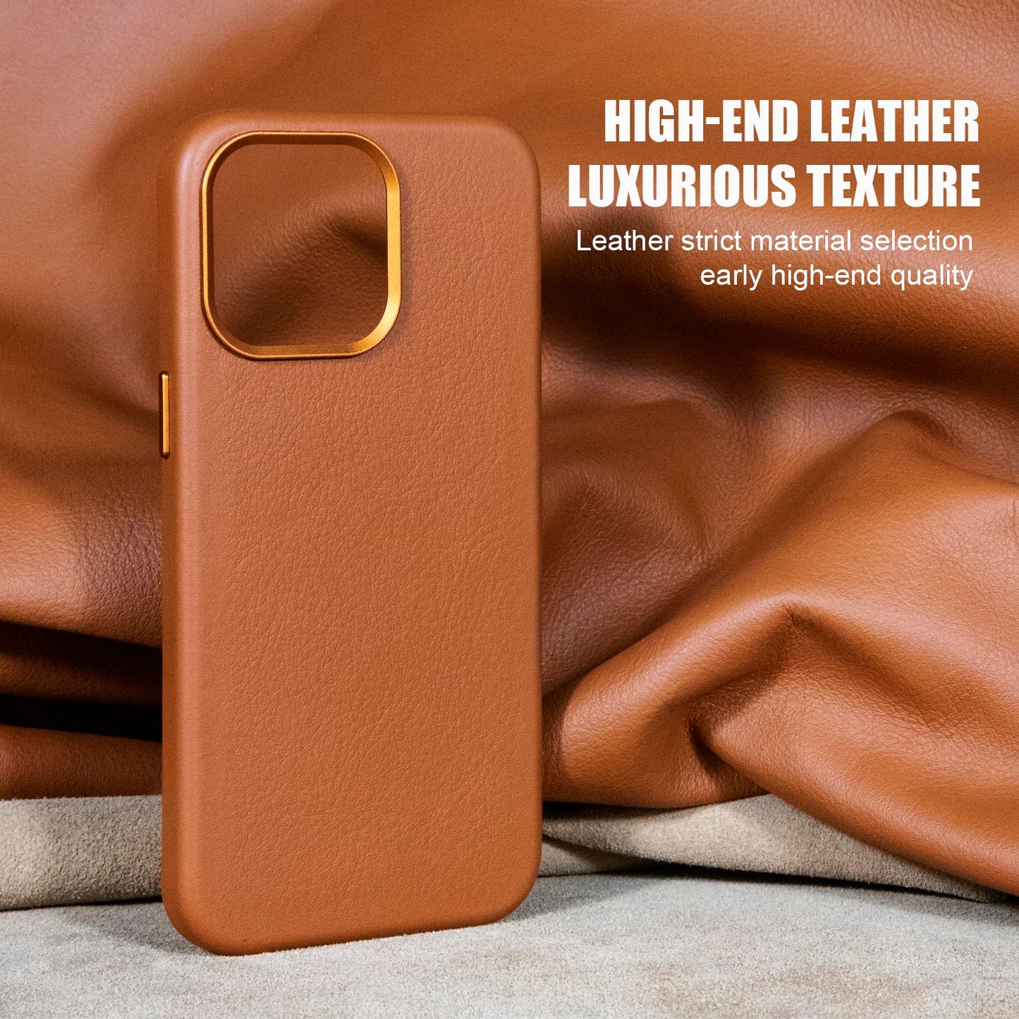 Rumwot for iPhone 15 Pro Leather Case | Genuine Full Grain Leather| Compatible with MagSafe and Wireless Charging | Metal Buttons Camera Bezel | Slim