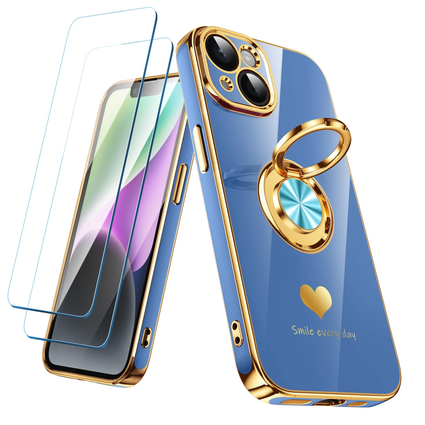 Nonional Compatible for iPhone 14 Case with 2 Pack Screen Protector, 360° Rotatable Ring Holder [Luxury Hearts Pattern] Plating Gold Edge Slim Soft