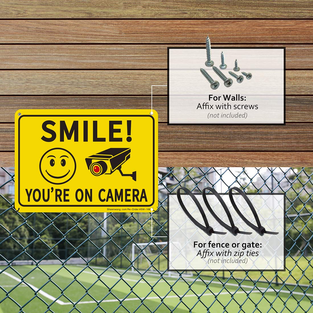 Sheenwang 2-Pack Smile You’re on Camera Sign, Video Surveillance Signs Outdoor, UV Printed .040 Mil Rust Free Aluminum 10 x 7 in, Security Camera Sign