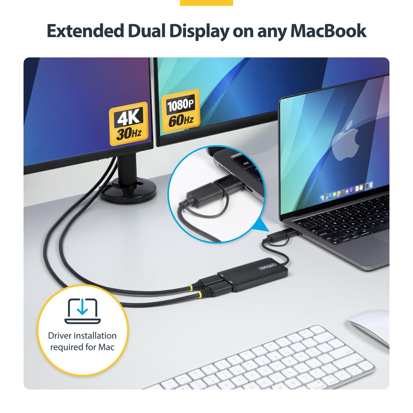 StarTech USB-A & USB-C to Dual HDMI Adapter for Mac (M1/M2/M3/M4/M5), Windows & ChromeOS, Extended Dual Monitor Display, 4K30 + 1080p Output
