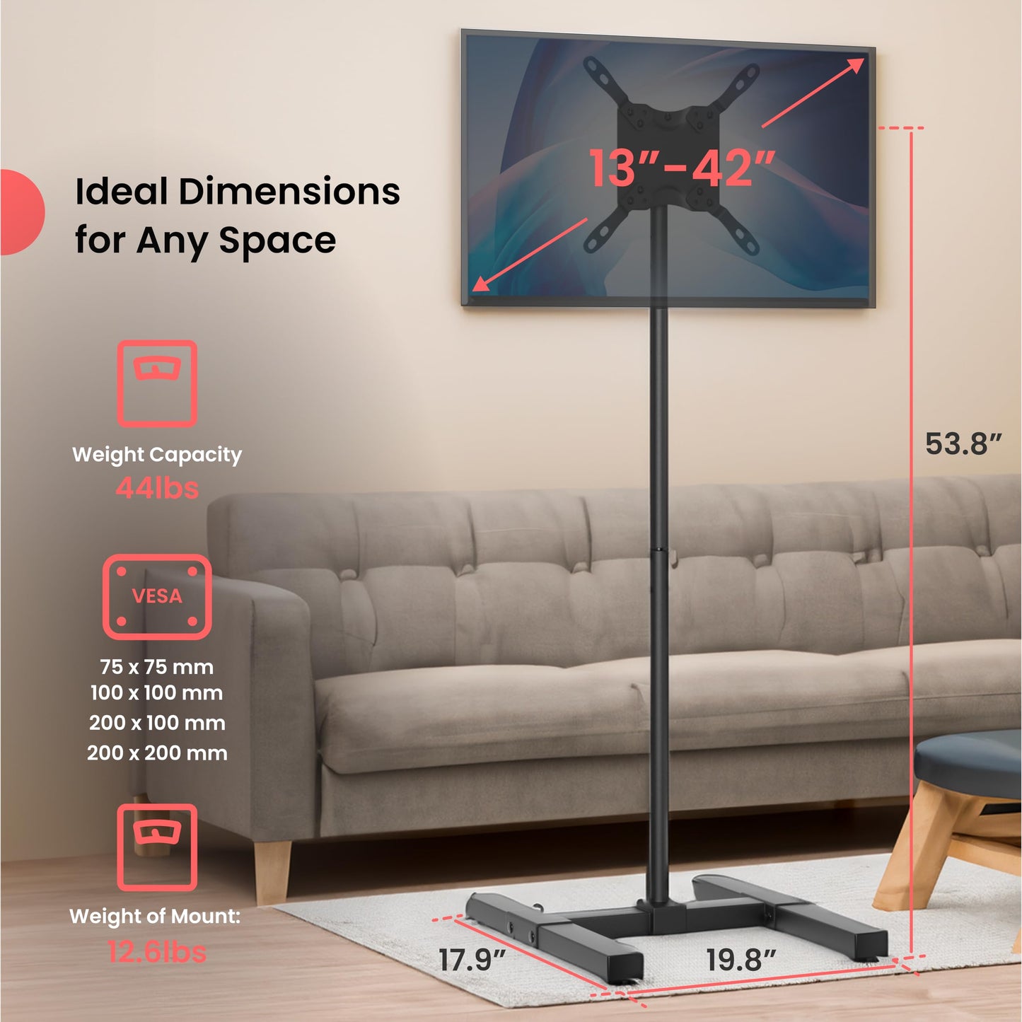 CTA Height Adjustable TV Stand - CTA VESA-Compatible Universal Floor Stand for TVs & Monitors 13-42-inch up to 44 lbs. - Black (ADD-DMHA)