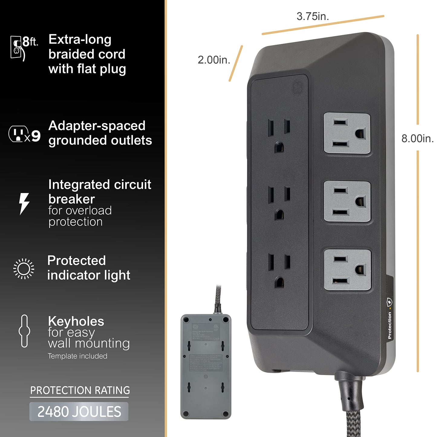 GE UltraPro 9-Outlet Surge Protector, 8', Black
