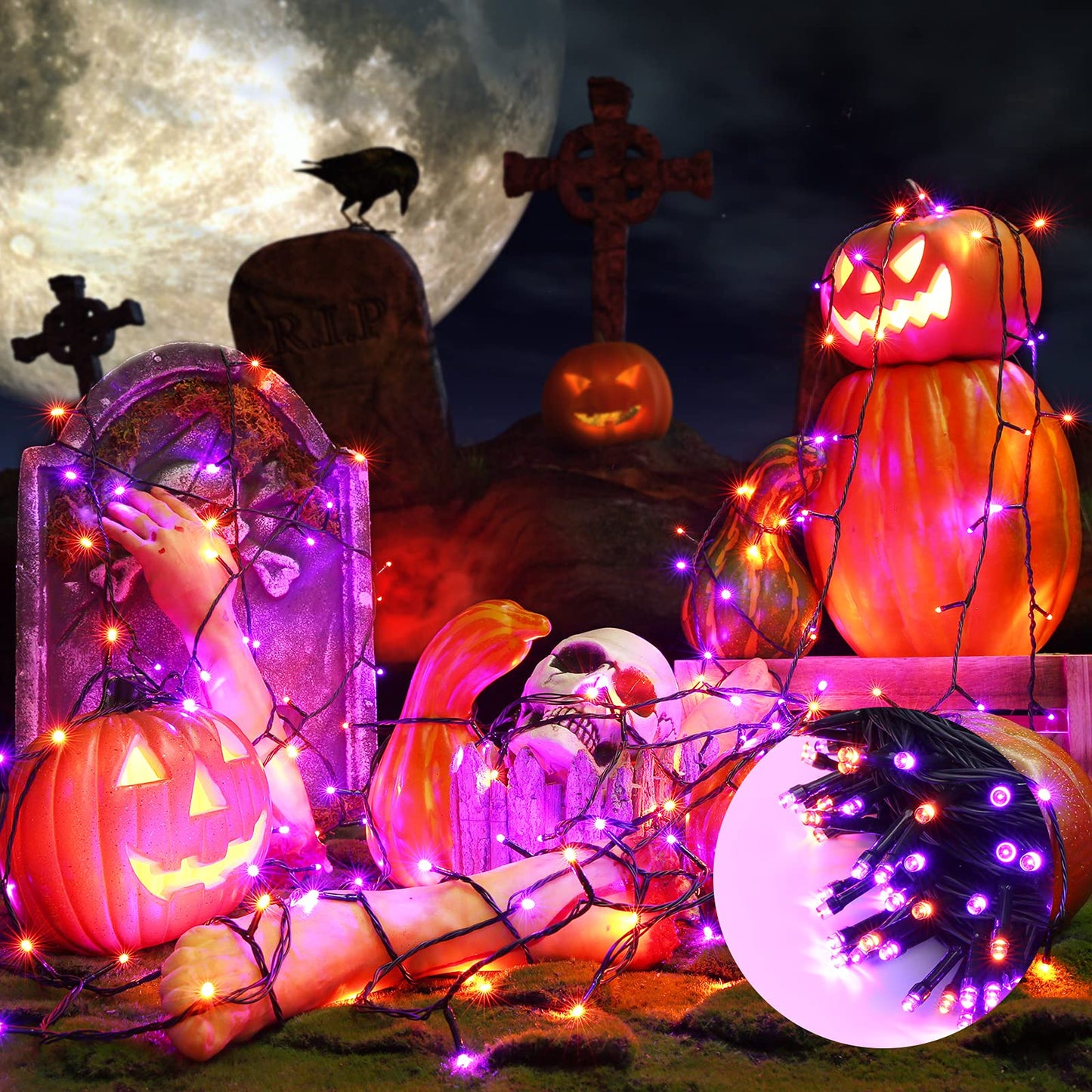 Orange and Purple Halloween Lights, 114ft 300 LED Connectable Halloween String Lights with 8 Modes, Waterproof Plug in Orange Purple Fairy Light