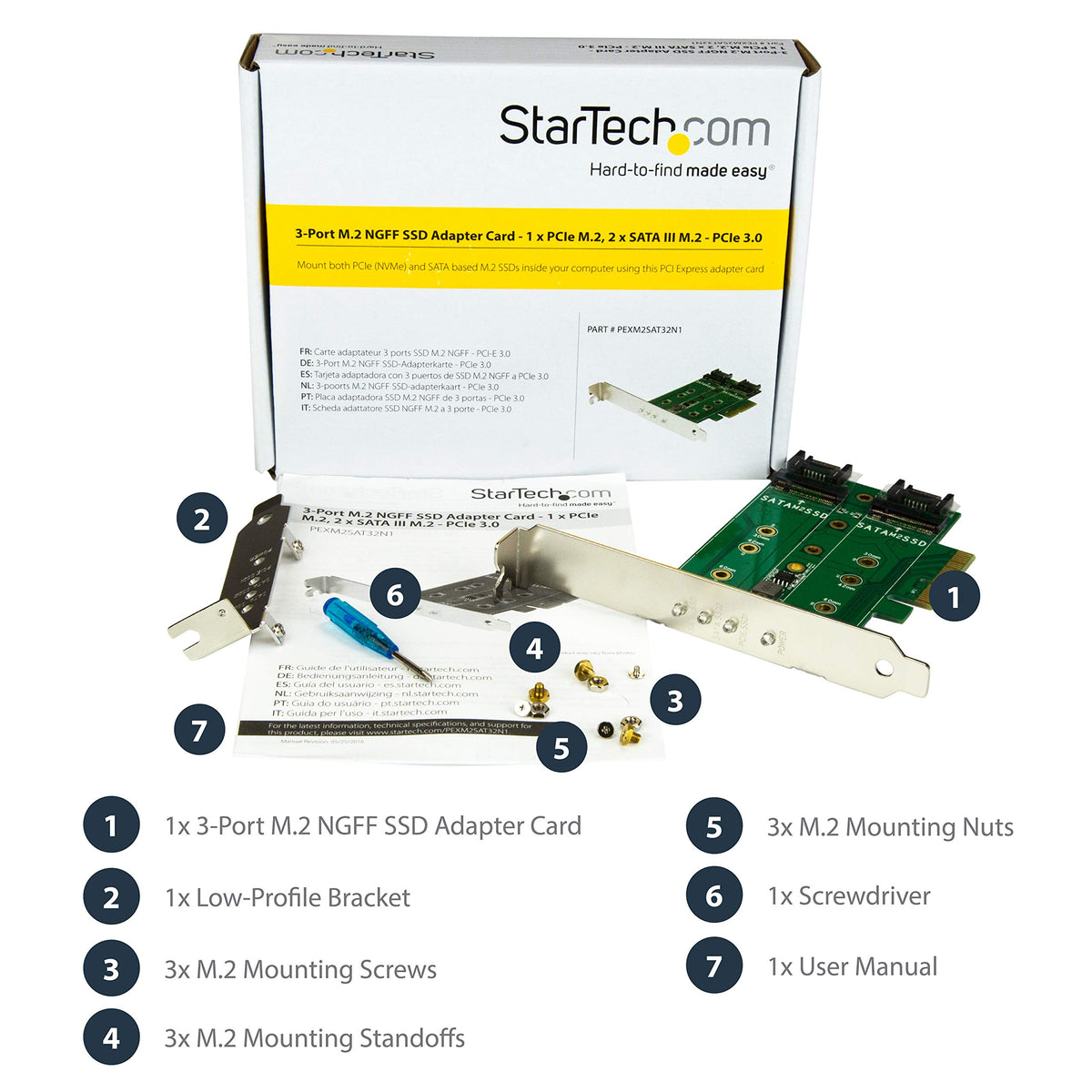 StarTech 3-Port M.2 Adapter, 1x NVMe and 2x SATA III, LEDs (PEXM2SAT32N1)