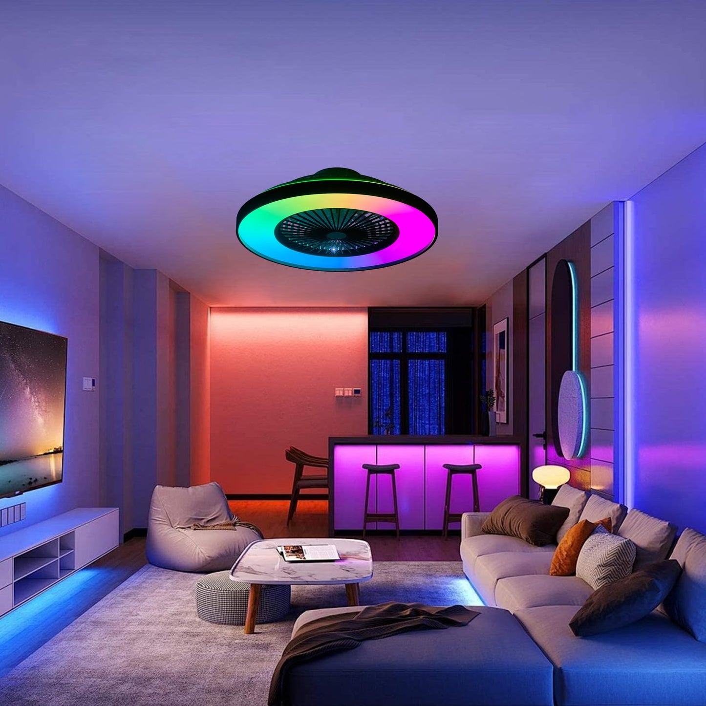 Ouimico 24" Bladeless Ceiling Fan with RGB Light, 8 Blades Modern Low Profile Ceiling Fan with Remote/APP, 6 Speed Dimmable LED-RGB Lights for Bedroom