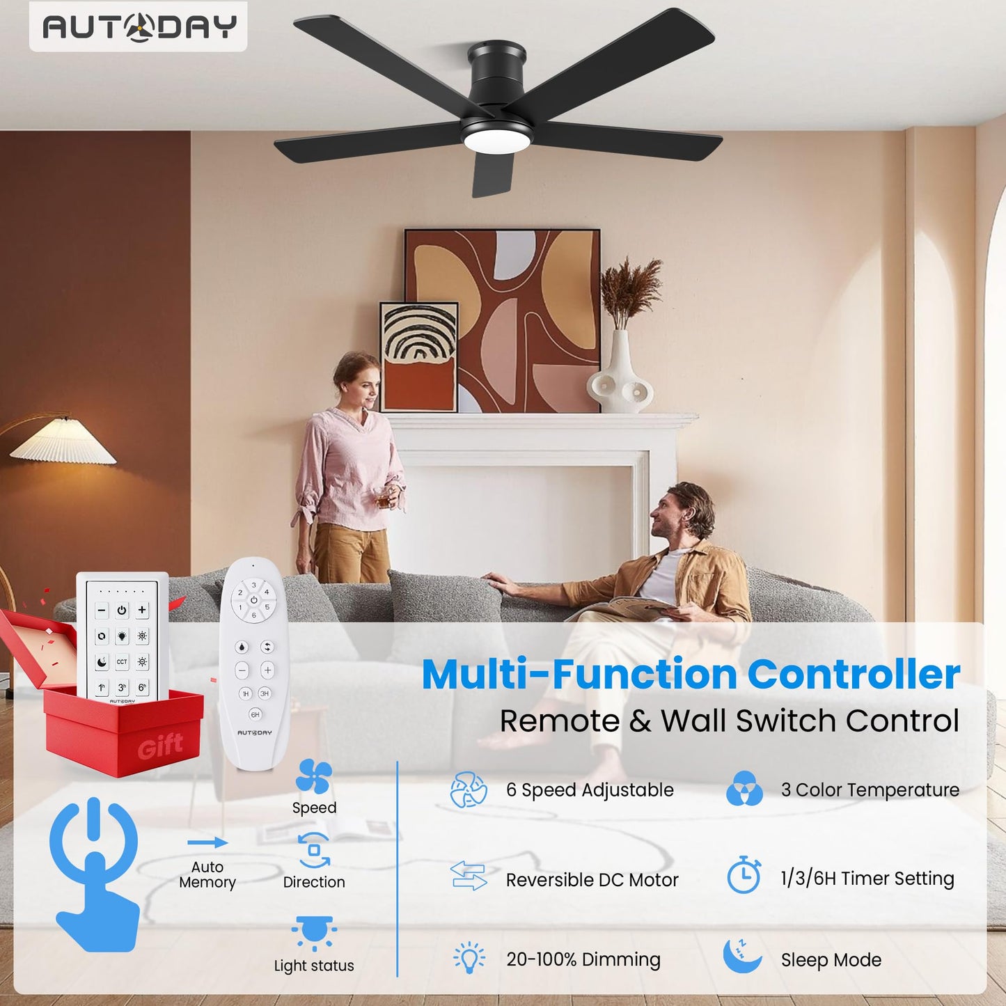 Autoday 52 Inch Low Profile Ceiling Fan with Light and Remote, Black