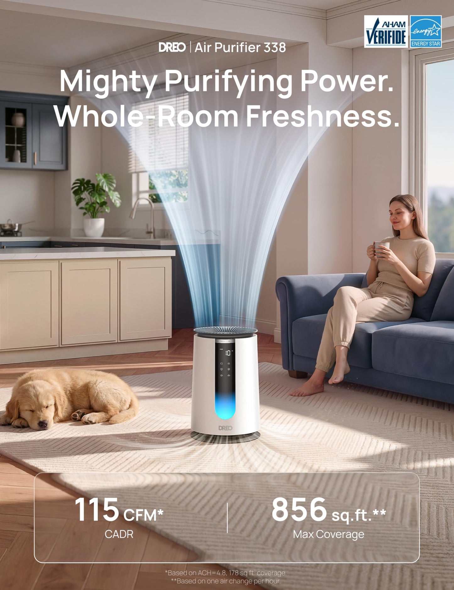 DREO Air Purifier 338 for Home, AHAM Verified HEPA Air Cleaner for Bedrooms Up to 1176 Sq Ft, Smart Cleaner for Pets, Smoke & Odors, PM2.5 Monitor