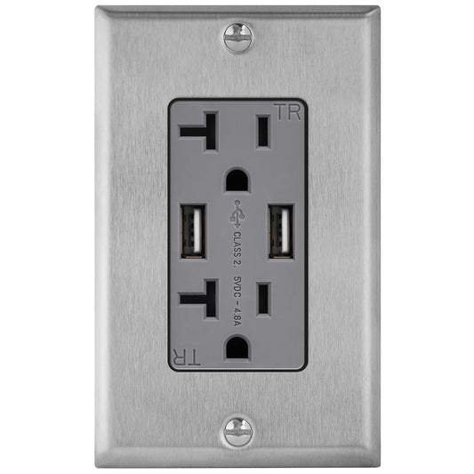 TOPGREENER 4.8A High Speed USB Outlet Wall Charger with Stainless Steel Decorator Wall Plate, 24W, 20A Tamper-Resistant Receptacle, UL Listed