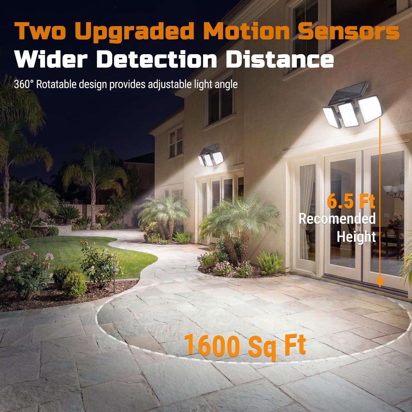 EverBrite Solar Lights Outdoor, 128 LED 7000K Motion Sensor Outdoor Lights, 3 Heads Security LED Floodlights, IP65 Waterproof, 270° Wide Angle Outdoor