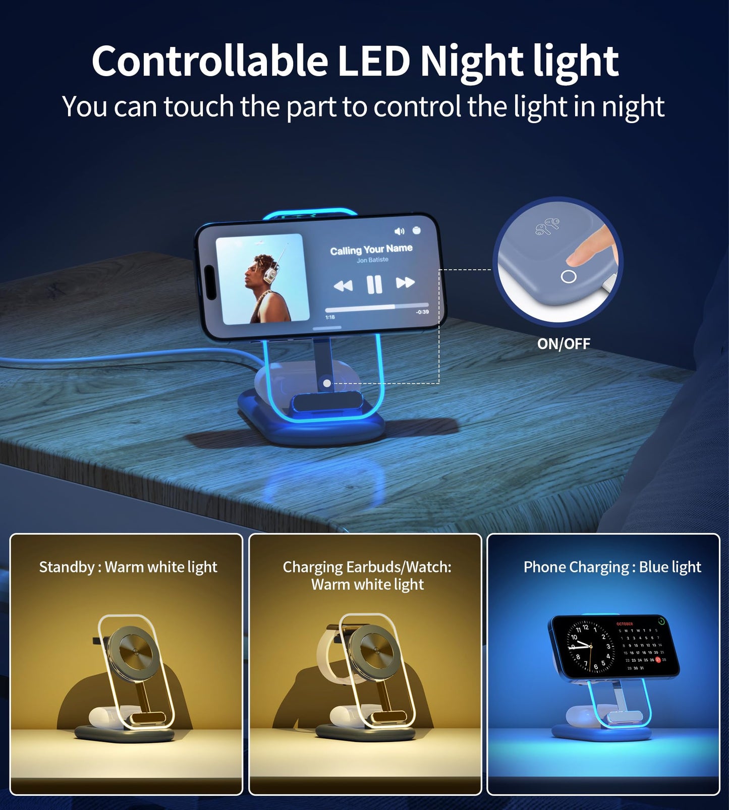 3 in 1 Magnetic Wireless Charging Station for Apple Devices, Fast Foldable Mag-Safe Charger Stand with Night Light for iPhone 17 16 15 14 13 12
