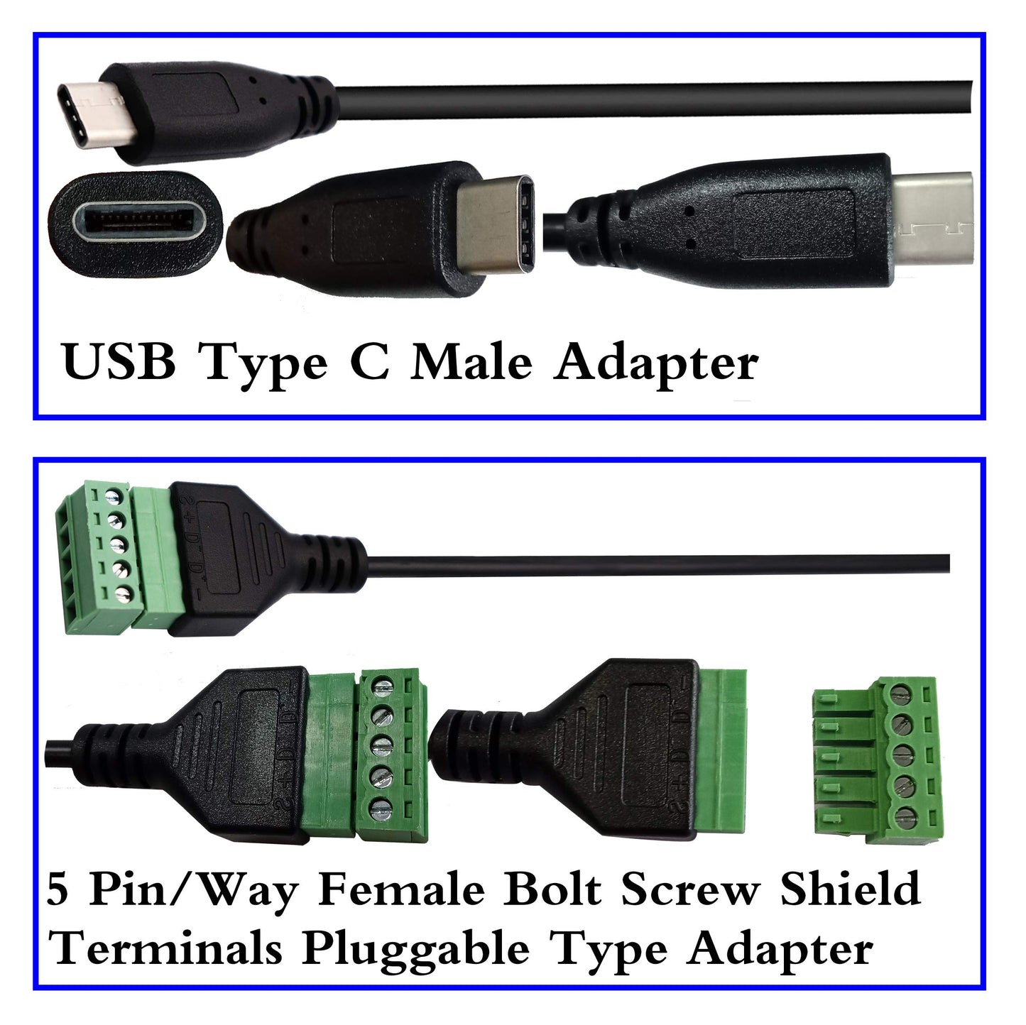 zdyCGTime Type C USB Screw Terminal Block Connector Cable 2.0 Type C USB Male Plug to 5 Pin Way Female Bolt Screw with Shield terminals Pluggable Type