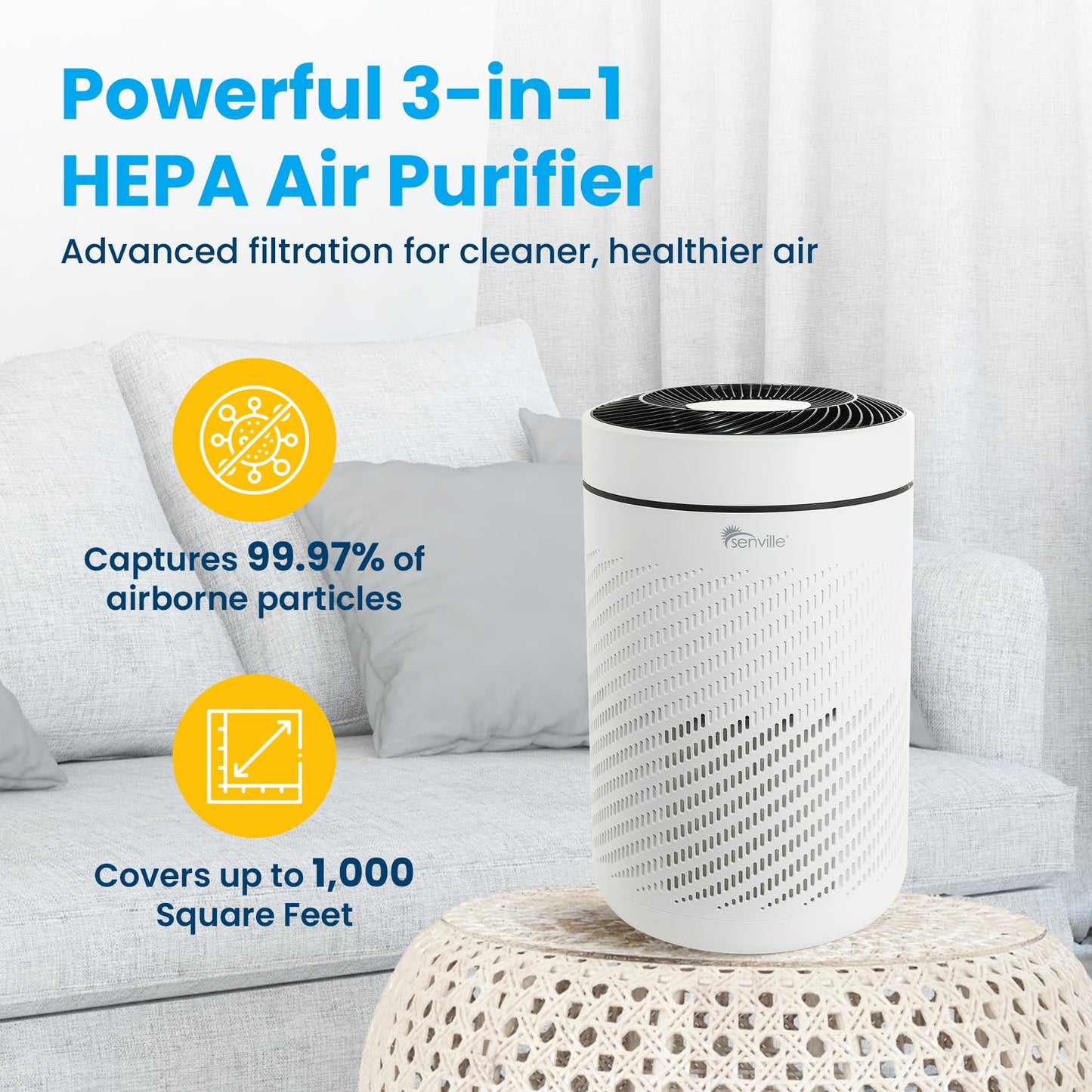 Senville HEPA Air Purifier for Pet Hair, Allergies and Odor, White