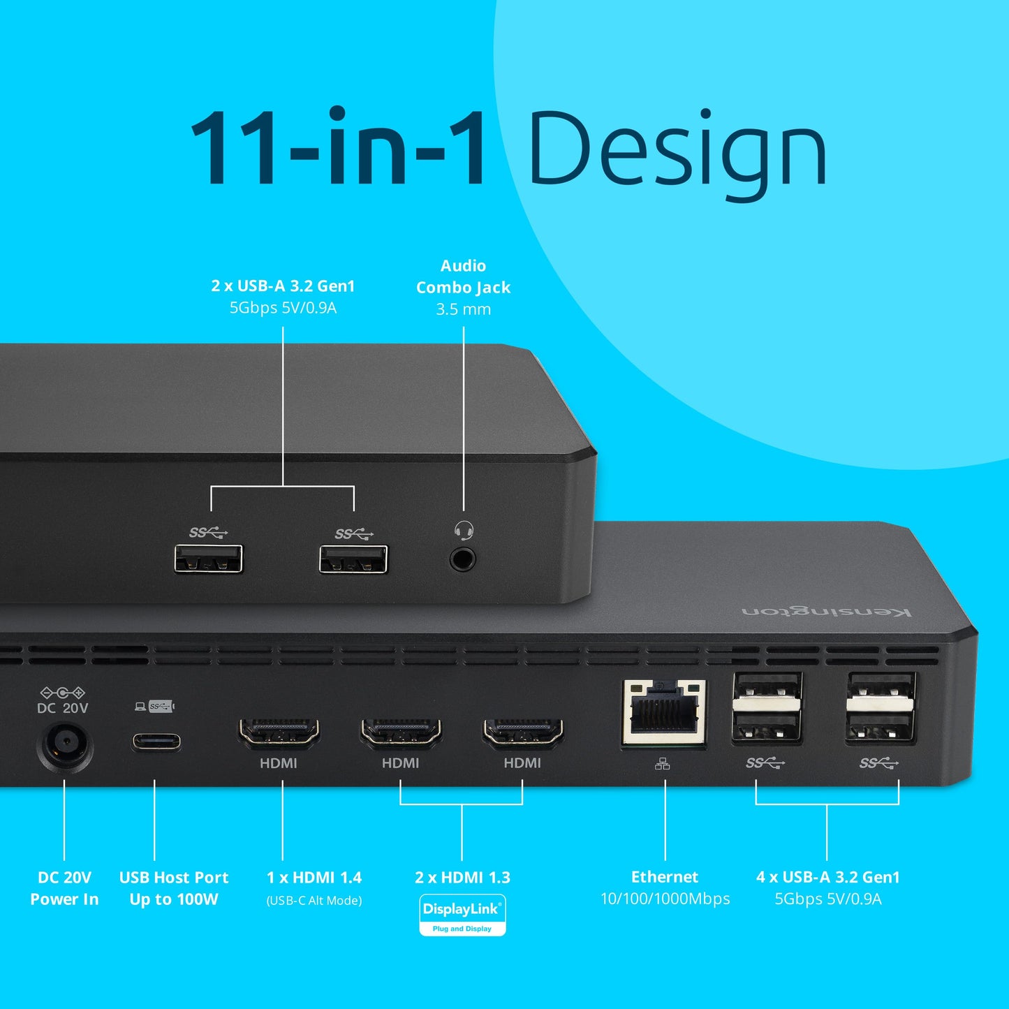 Kensington SD4760P 11-in-1 USB-C Docking Station Triple Monitor DisplayLink Docking Station, 3xHDMI, 100W Charging for Laptop, 6xUSB A, Ethernet
