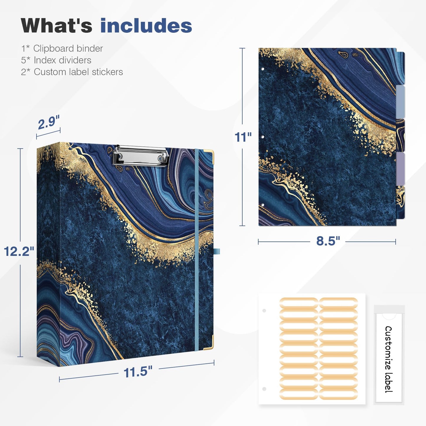 Ospelelf 3 Ring Binder, 2 Inch Letter Size (11" x 8.5") with 5 Tab Dividers, File Folder Labels and Low Profile Clipboards, Blue Marble Binder