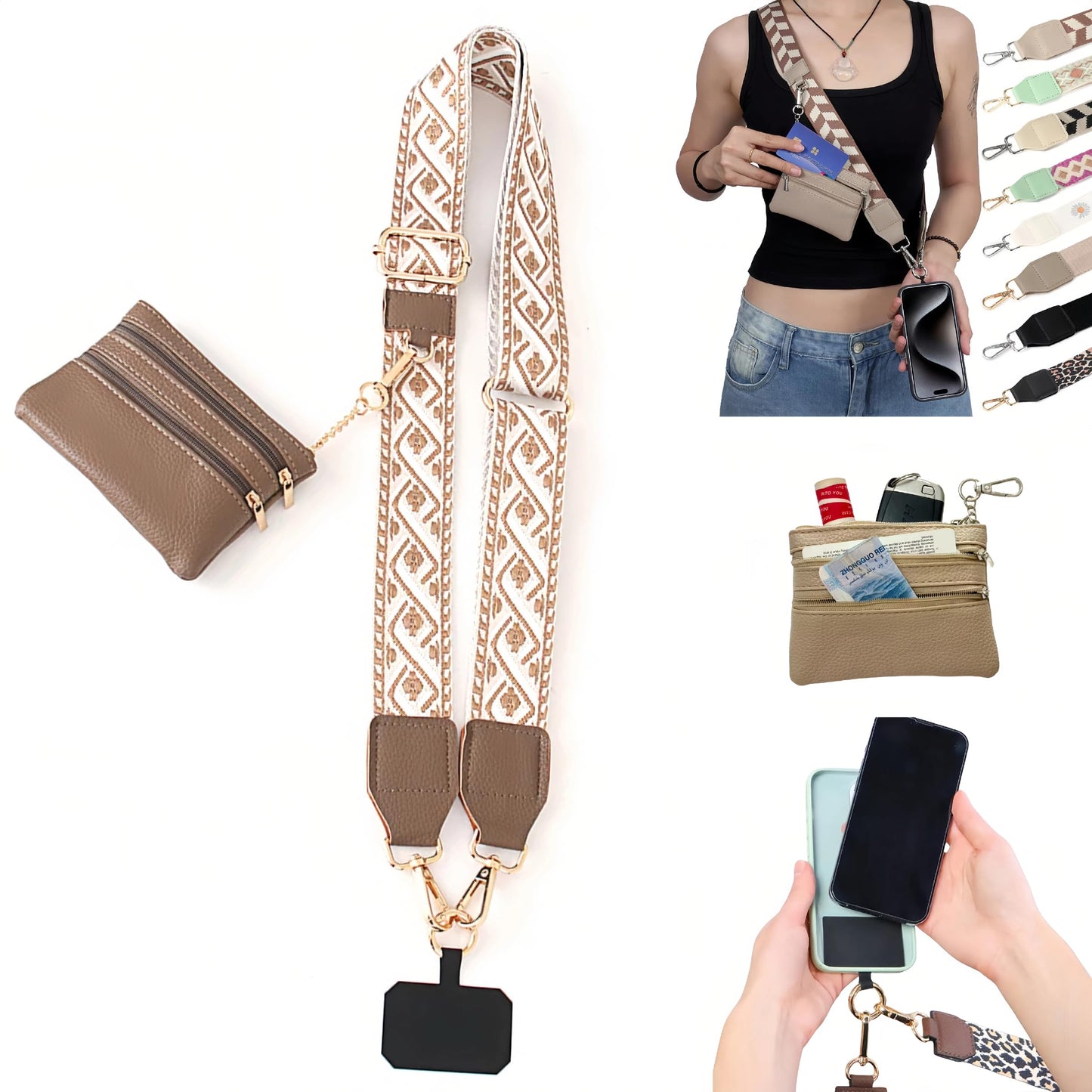 Surlveia Crossbody Body Phone Holder for Women, New Phone Strap with Zippered Pouch, Adjustable Crossbody Strap (Brown)