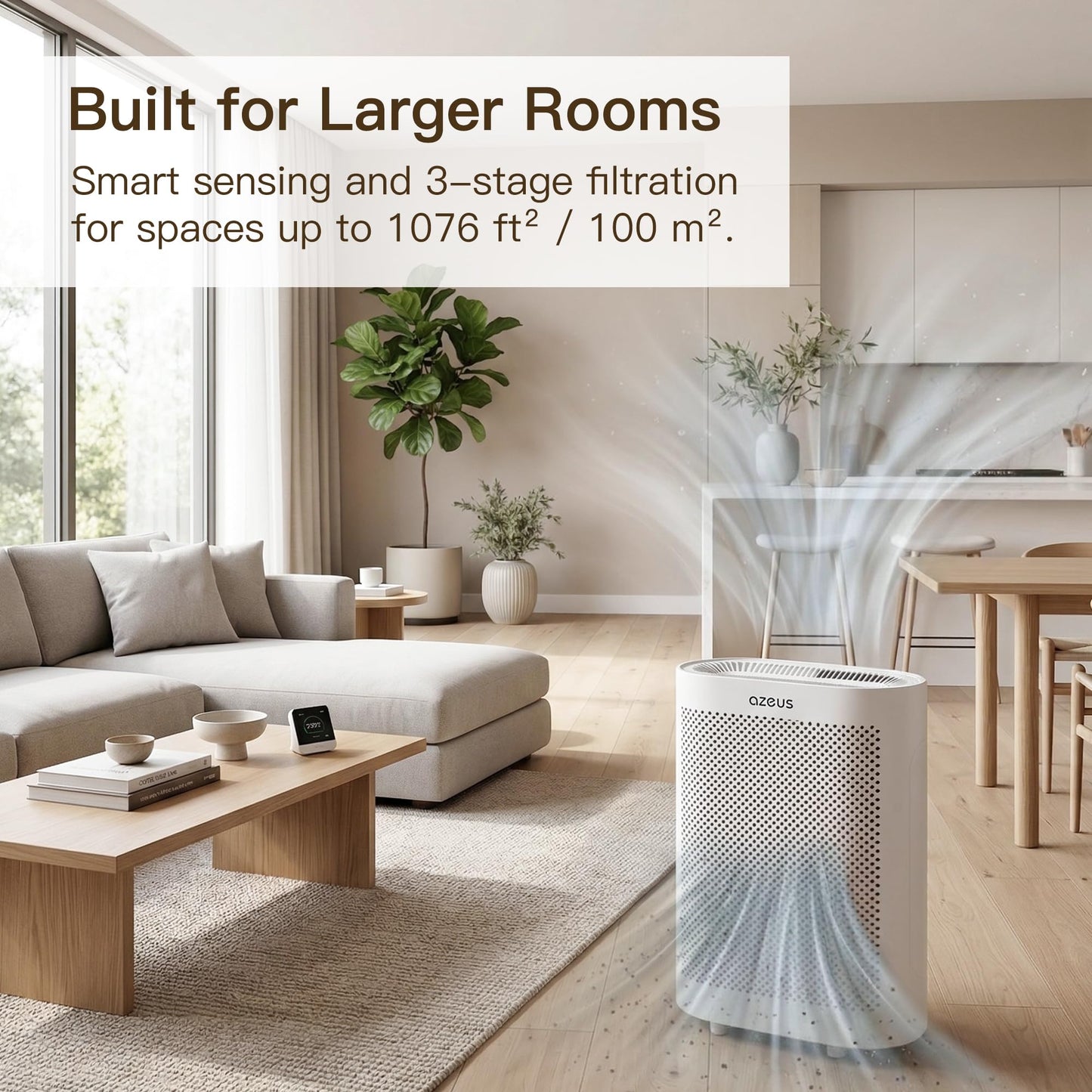 AZEUS GL-FS32 Air Purifier for Large Rooms up to 1076 Ft², H13 True HEPA Filter, Smart WiFi, Auto Mode, Ultra Quiet for Bedroom, Smoke, Dust and Pet