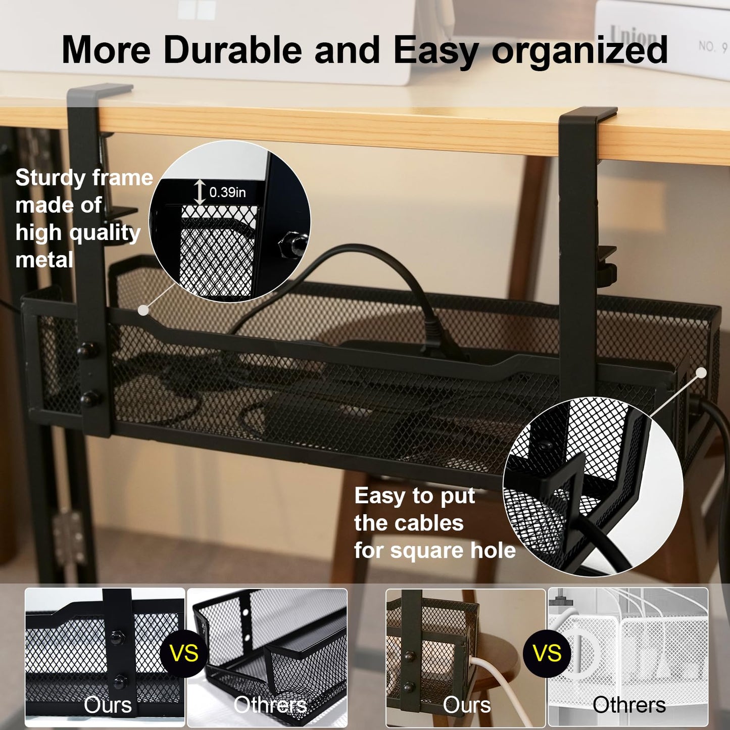No Drill Under Desk Cable Management Tray with clamp-Premium Wire Tray Cord Organizer - Thin Steel Cable Tray Basket with Charger Holder for