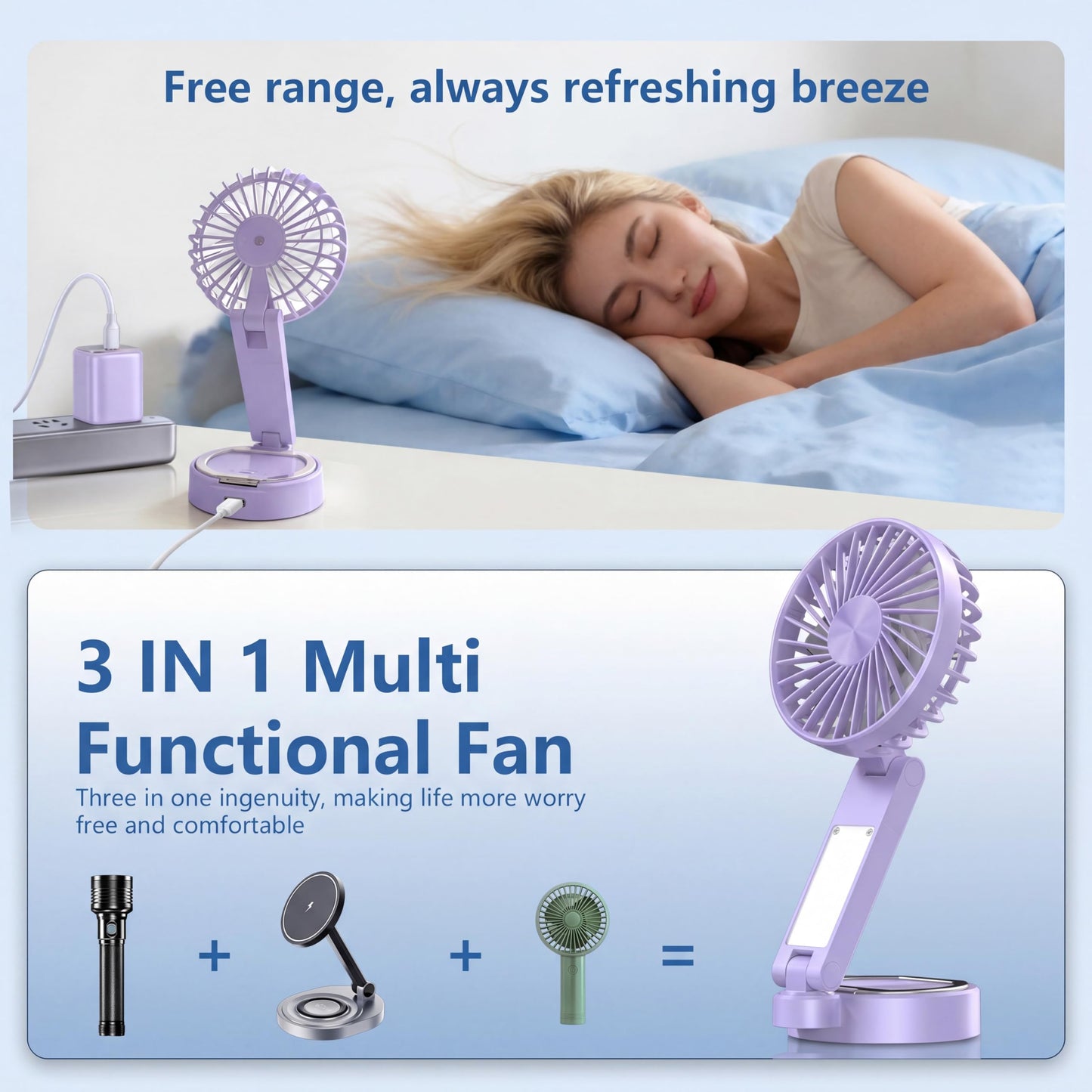 Foldable Magnetic Phone Fan with LED Light & Stand Desk Easy Storage Purple