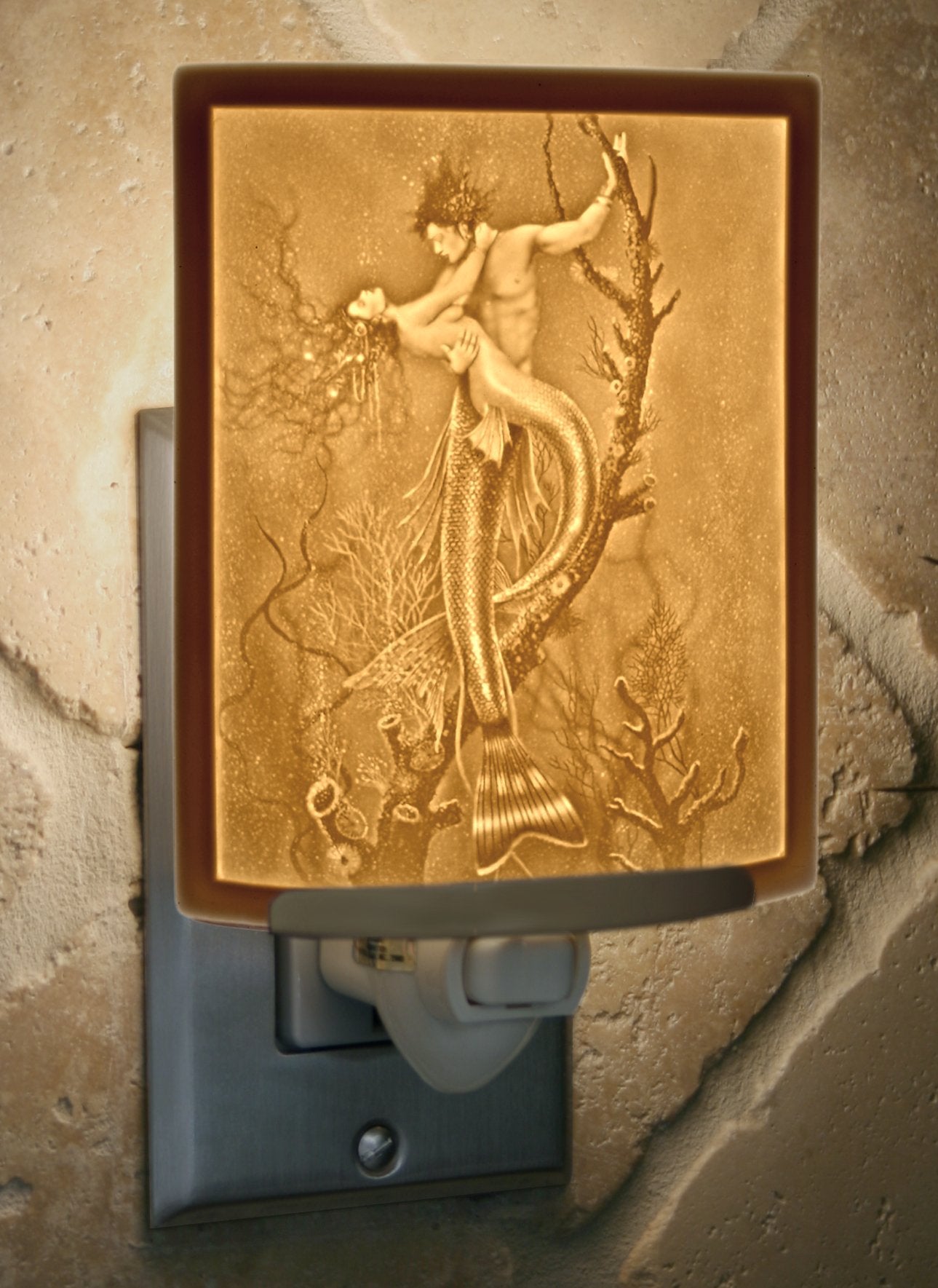 The Porcelain Garden Mermaid & Merman - Porcelain Lithophane Night Light, Art by David Delamare, Made, Decorative wall Plug in for Nursery, Bedroom