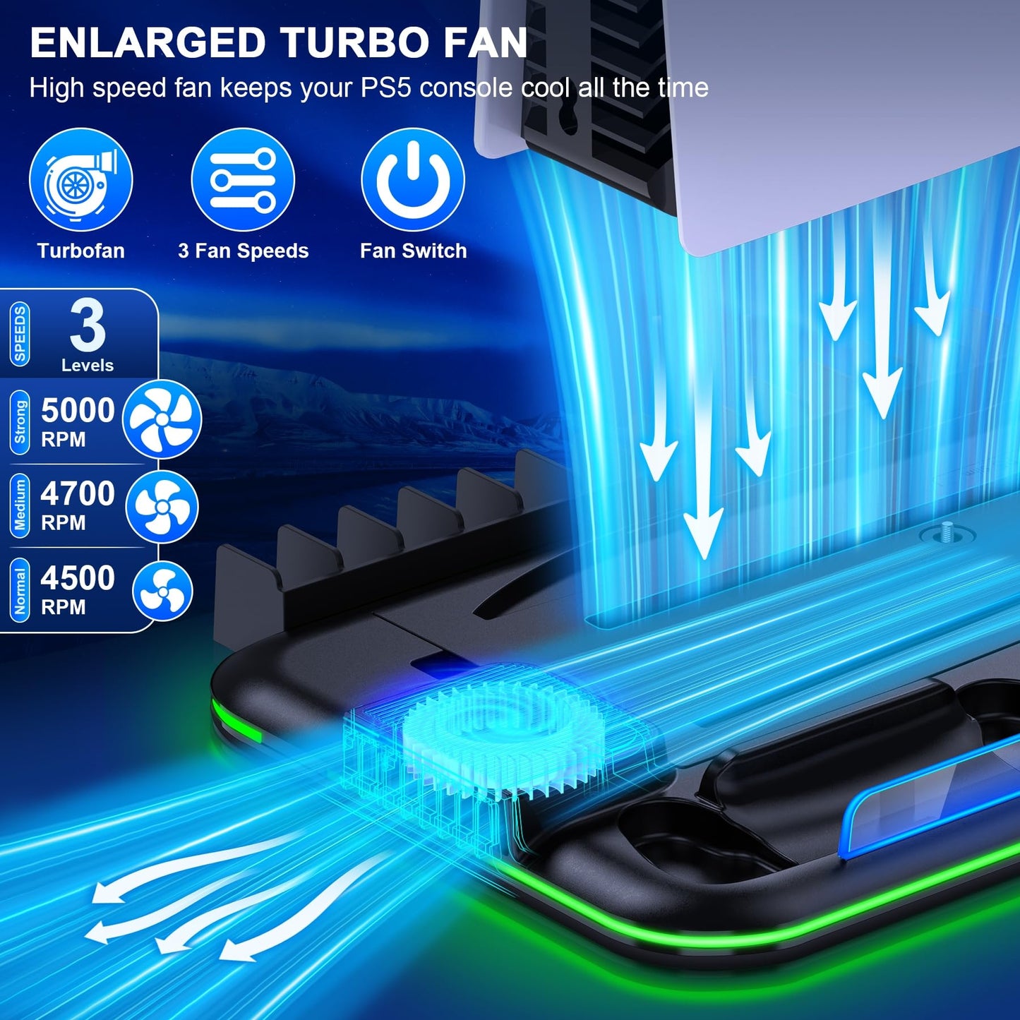 PS5 Slim Stand and Turbo Cooling Station with Controller Charging Station for Playsation 5, PS5 Accessories Kits Incl. 3 Levels Cooling Fan, 15 Game