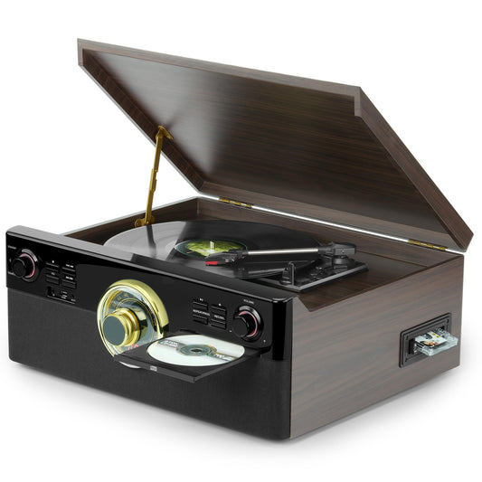 All-in-One Vintage Record Player with CD and Cassette, Bluetooth Turntable, FM Radio, USB MP3 Recording, 3-Speed Vinyl Music Center for Home