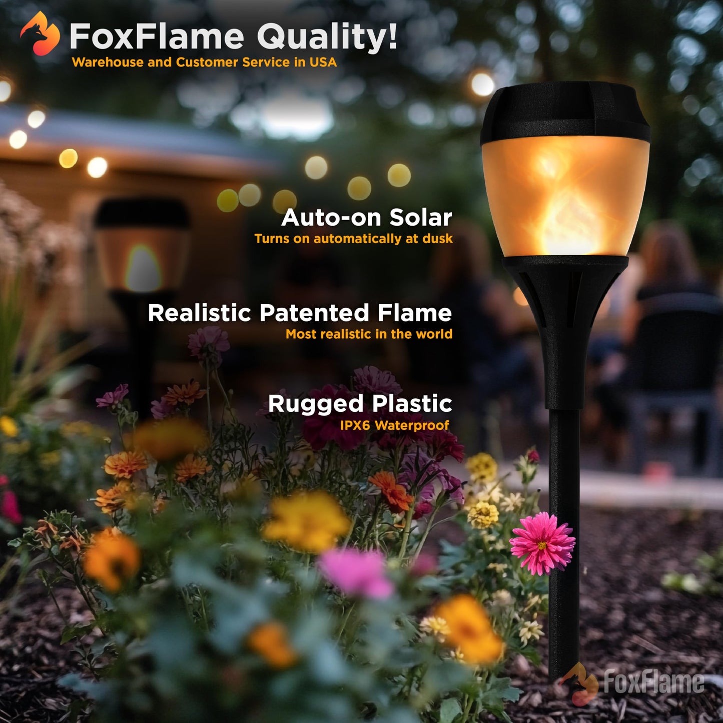 FoxFlame Solar Path Lights Outdoor Waterproof-Realistic Flickering LED Flame,IP65 Pathway Lights Solar Powered Warm Light for Garden