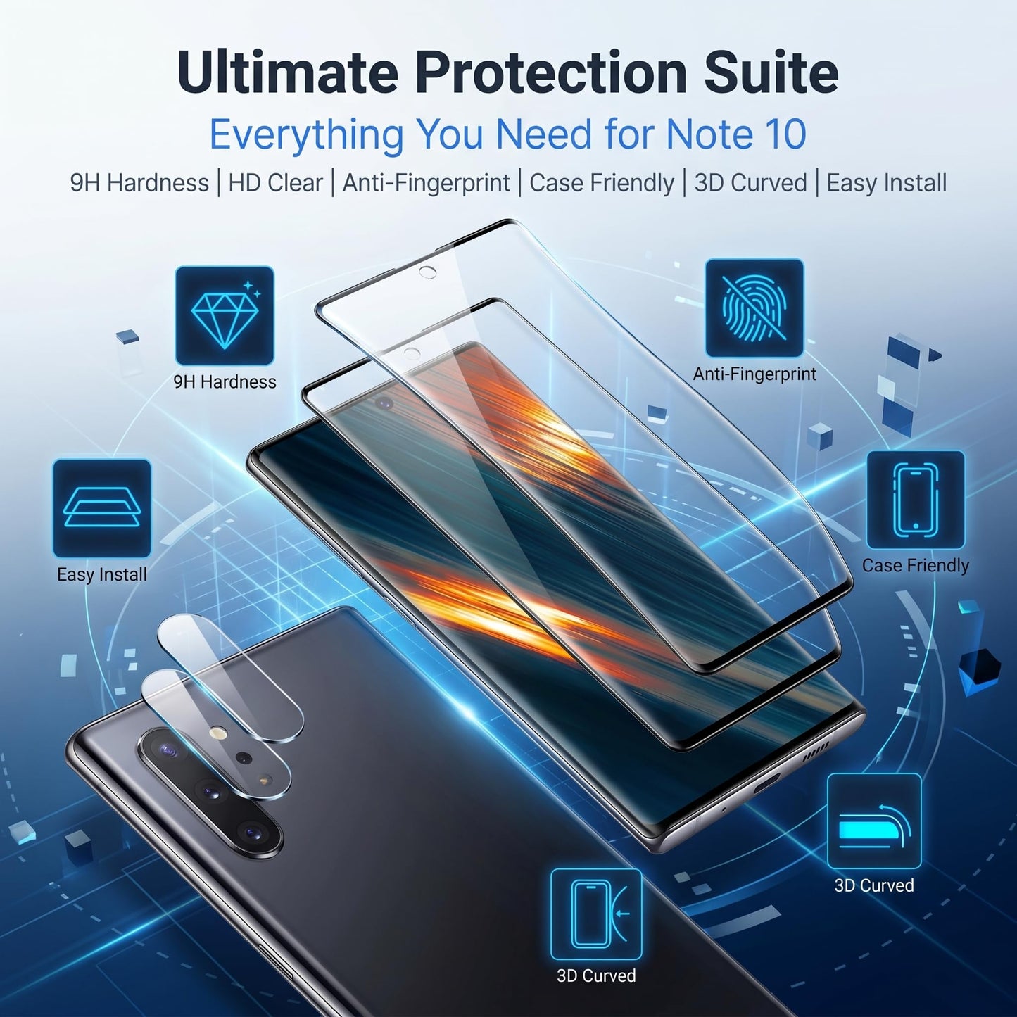 2 Pack Galaxy Note 10 Plus Screen Protector, HD Clear Tempered Glass,2 Pack Camera Lens Protector, Fingerprint Unlock,3D Curved Full Coverage,Scratch
