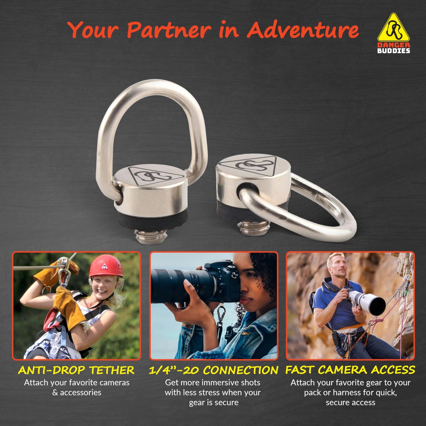 Danger Buddies Camera Carabiner Clip D-Ring - Easily Attach a Carabiner to your Camera with this 1/4-20 Tripod Mount D-Ring (10-Pack)