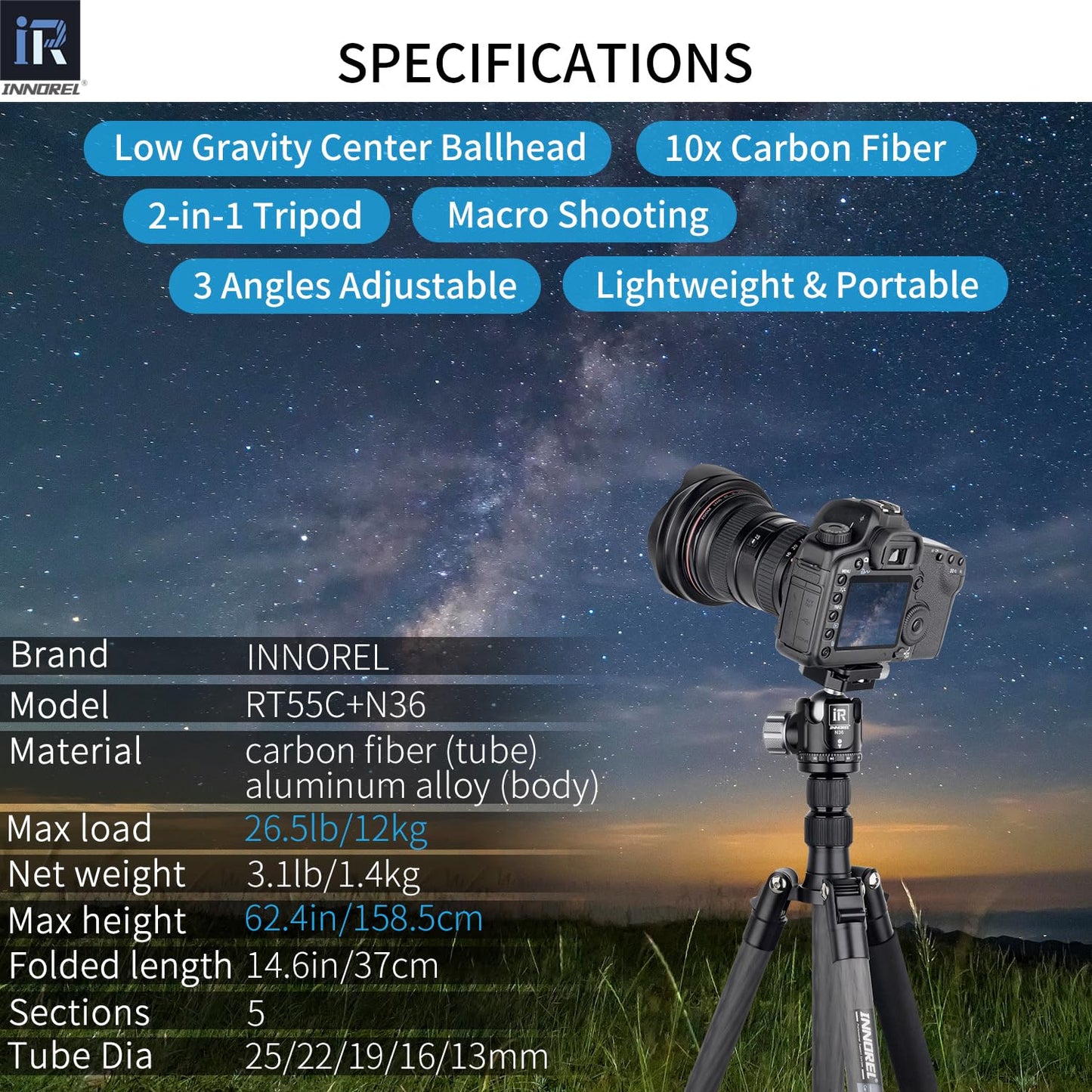 INNOREL 62 inches 10 Layers Carbon Fiber Camera Tripod Monopod with 360 Degree Low Gravity Center Ball Head, two 1/4 inch Quick Shoe Plates, Carry Bag