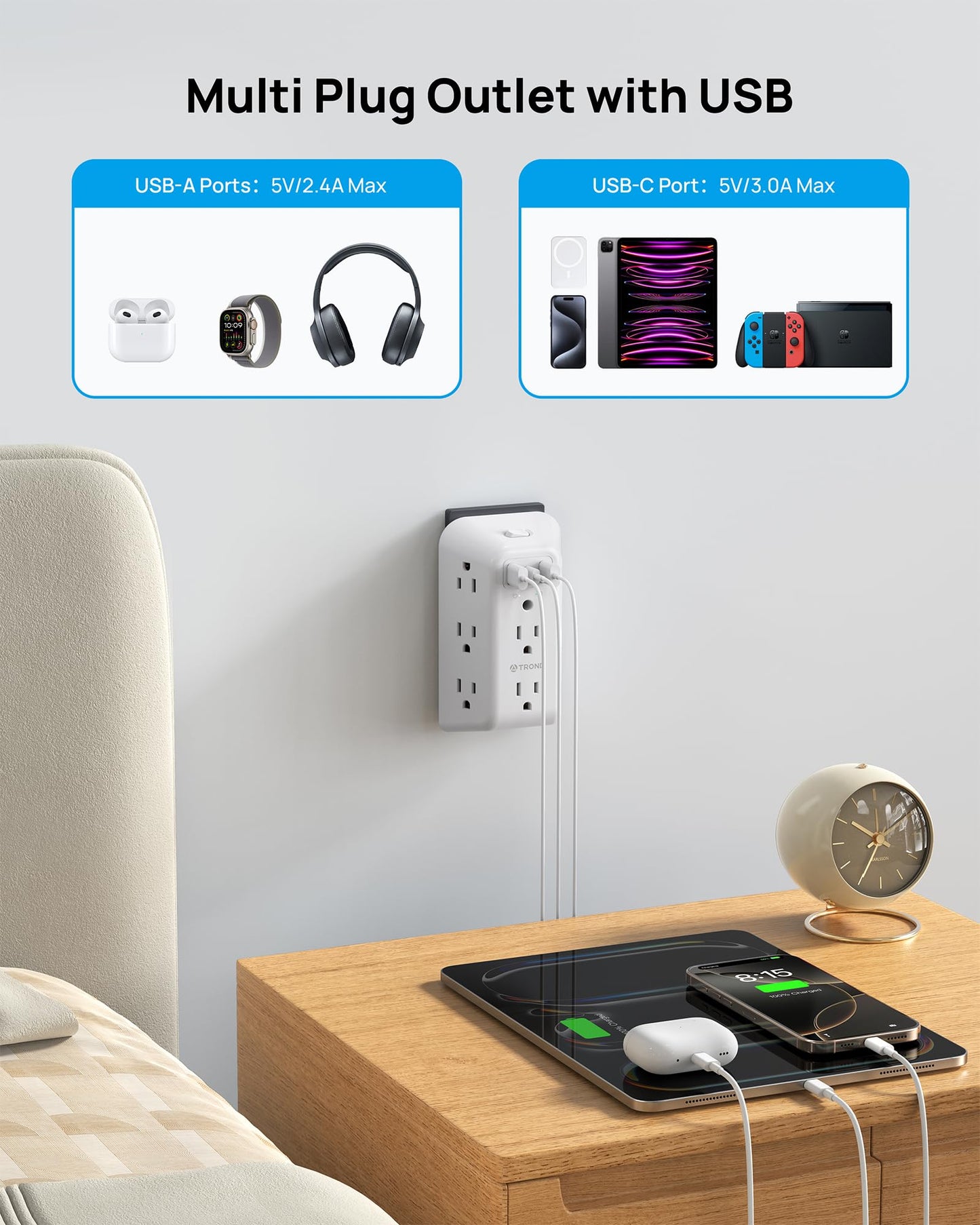 TROND Surge Protector Outlet Extender, 8 AC Plug Splitter with 3 USB Ports, Multi Plug Wall Outlet with ON/Off Switch, 1440J Widely Spaced USB Wall