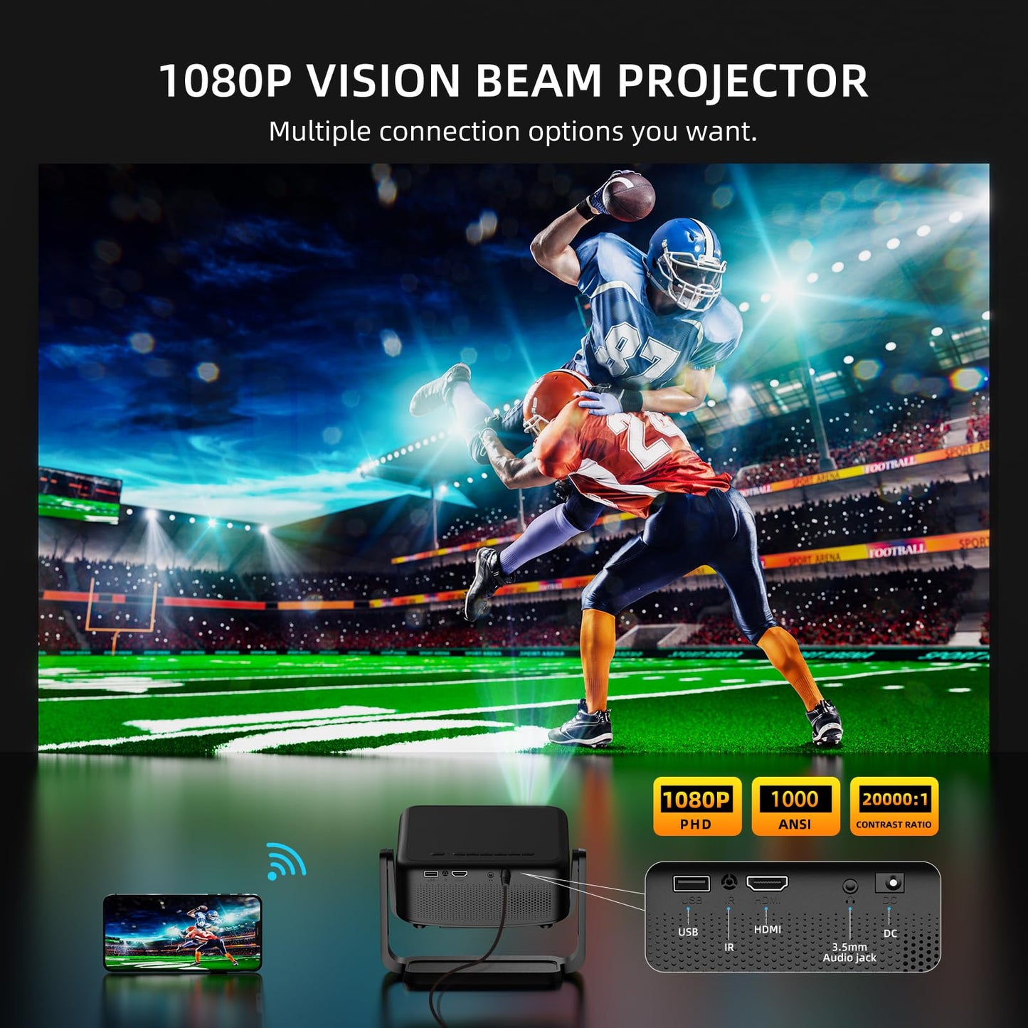 Mini-Projector with WiFi and Bluetooth: [1000 ANSI/360°Adjustable Stand/Electric Focus/Auto Keystone] Portable-Movie-Outdoor-Ceiling-Projector, ONOAYO