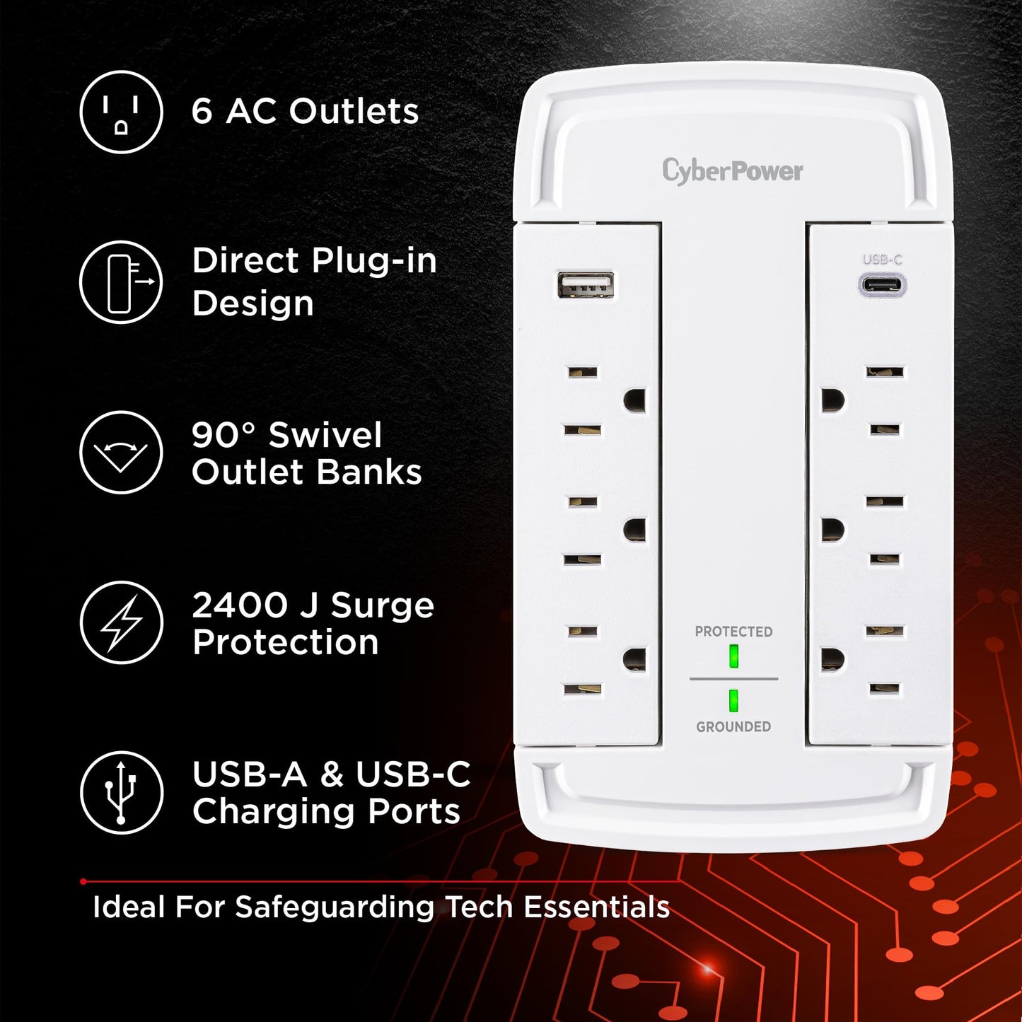 CyberPower CSP6WSUC Surge Protector, 6 Swivel Outlets, 2 USB Charging Ports, 2400J, Wall?Tap, Fast USB Charging, Home/Office