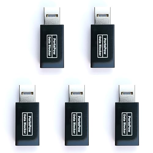 PortaPow USB Data Blocker (Black 5 Pack) - Protect Against Juice Jacking