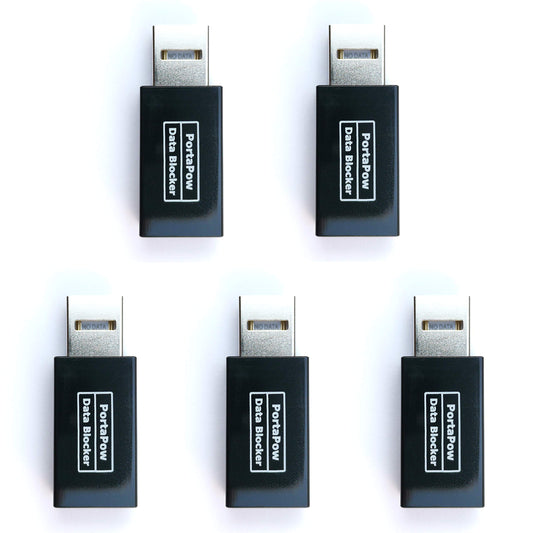 PortaPow USB Data Blocker (Black 5 Pack) - Protect Against Juice Jacking