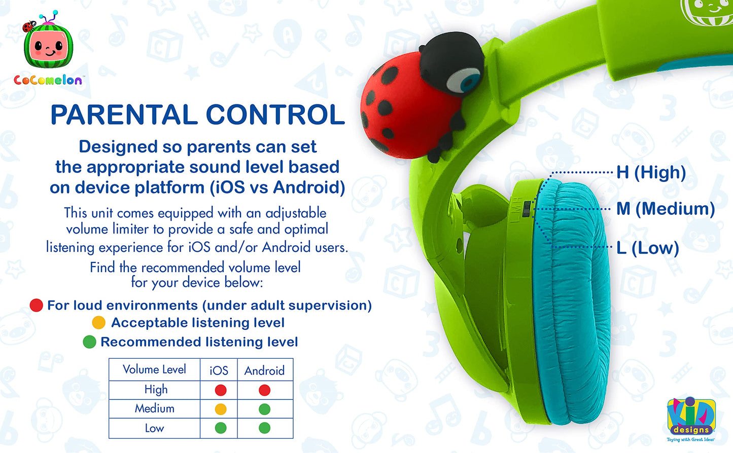 eKids Cocomelon Toddler Headphones with Built-in Kids Music, Bluetooth Headphones with Rechargeable Battery and USB-C Charging Cable Included