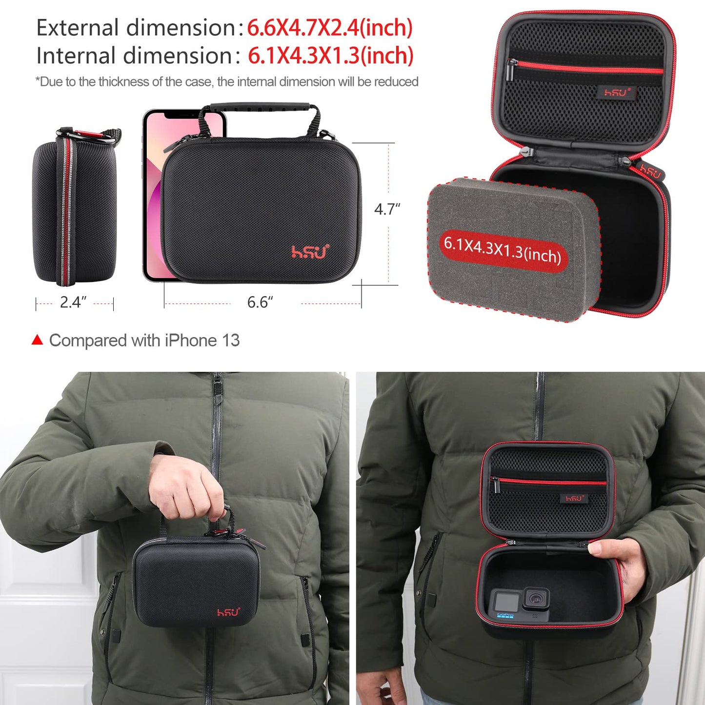 HSU Small Case for GoPro Hero 13/12/11/10/9/8/7/6/5 Black, Carrying Case for Action Cameras and GoPro Accessories(Small Size Red)