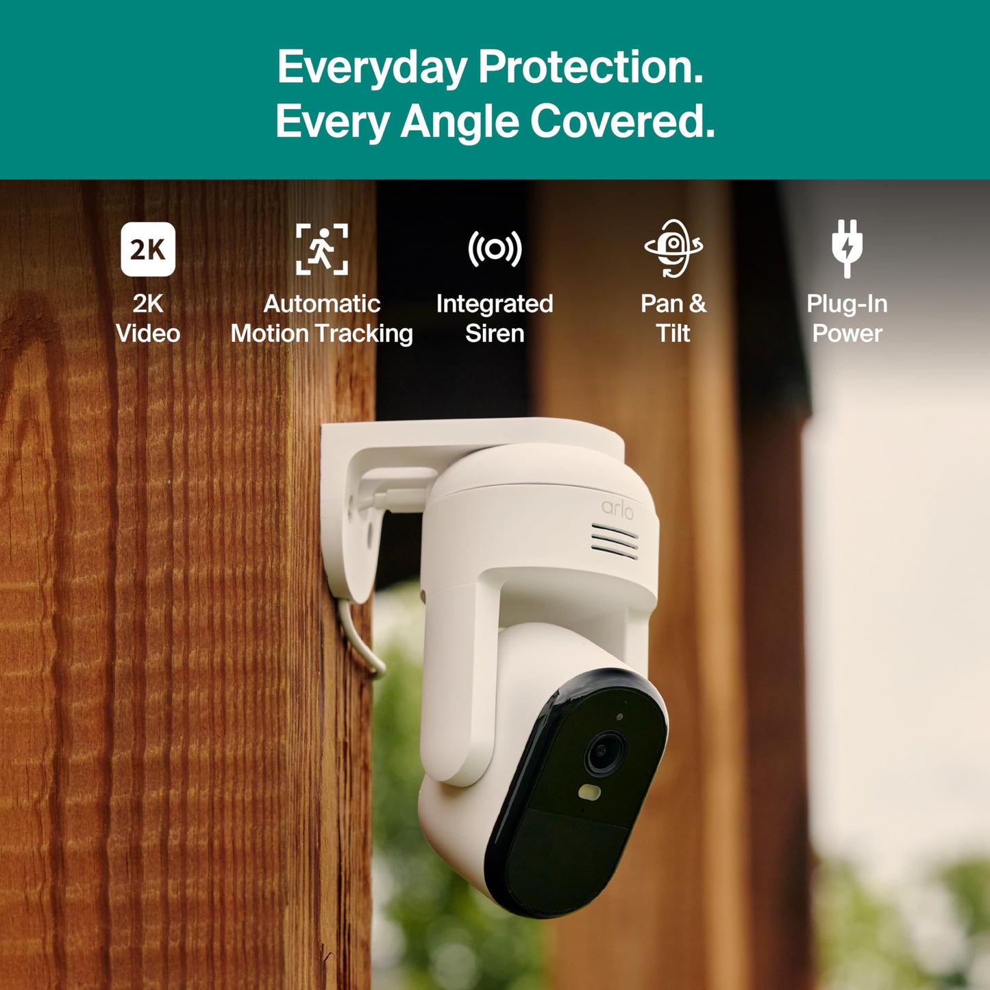 Arlo Essential Pan Tilt Security Camera 2K - Wired Plug-in Power Outdoor Camera, Person Recognition, Package Detection, Animated Preview, 1-Month
