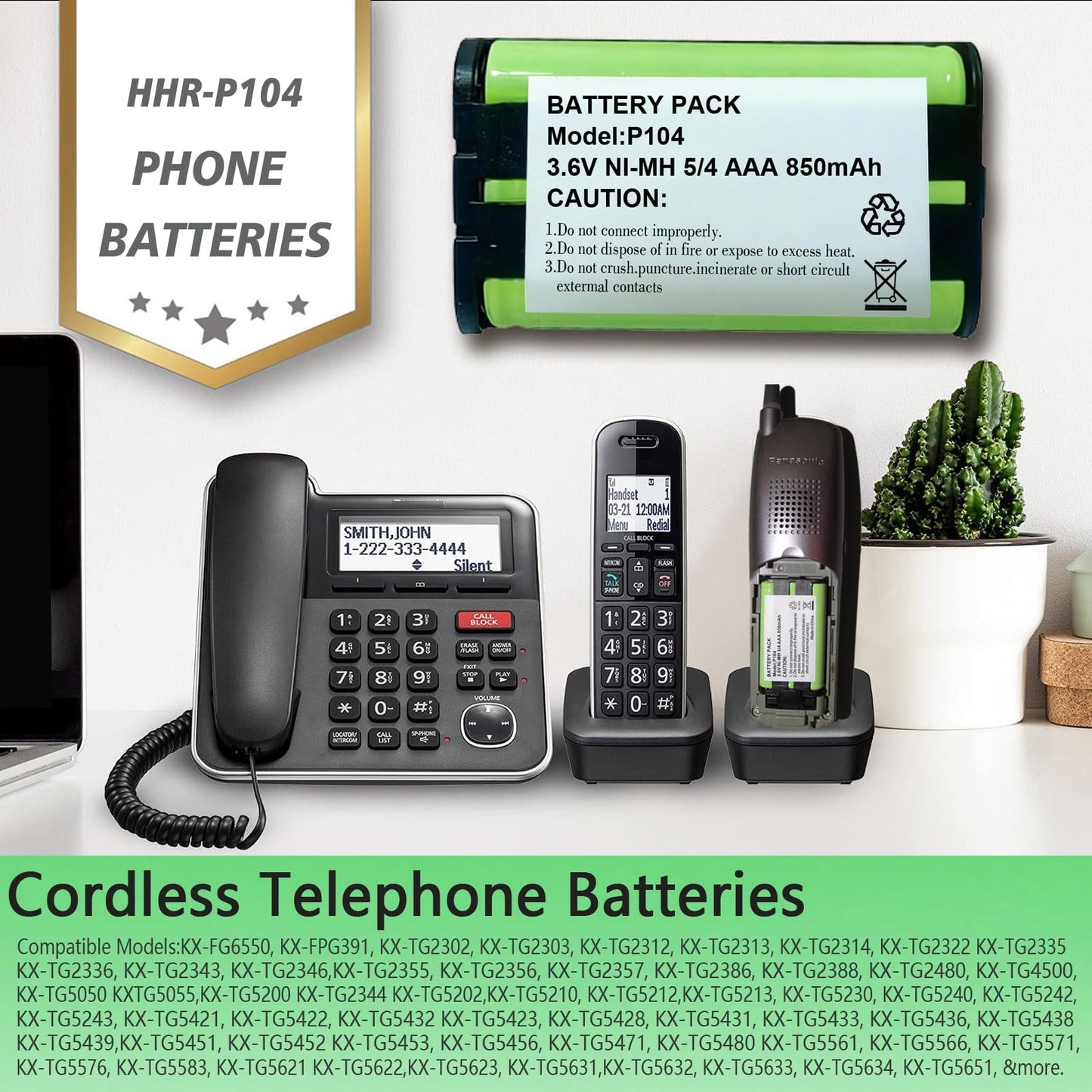 HIECTPRO 2Pack P104 NI-MH Rechargeable Battery 3.6V Ni-MH Batteries 850mah Cordless Phone Batteries for Panasonic Cordless Phones