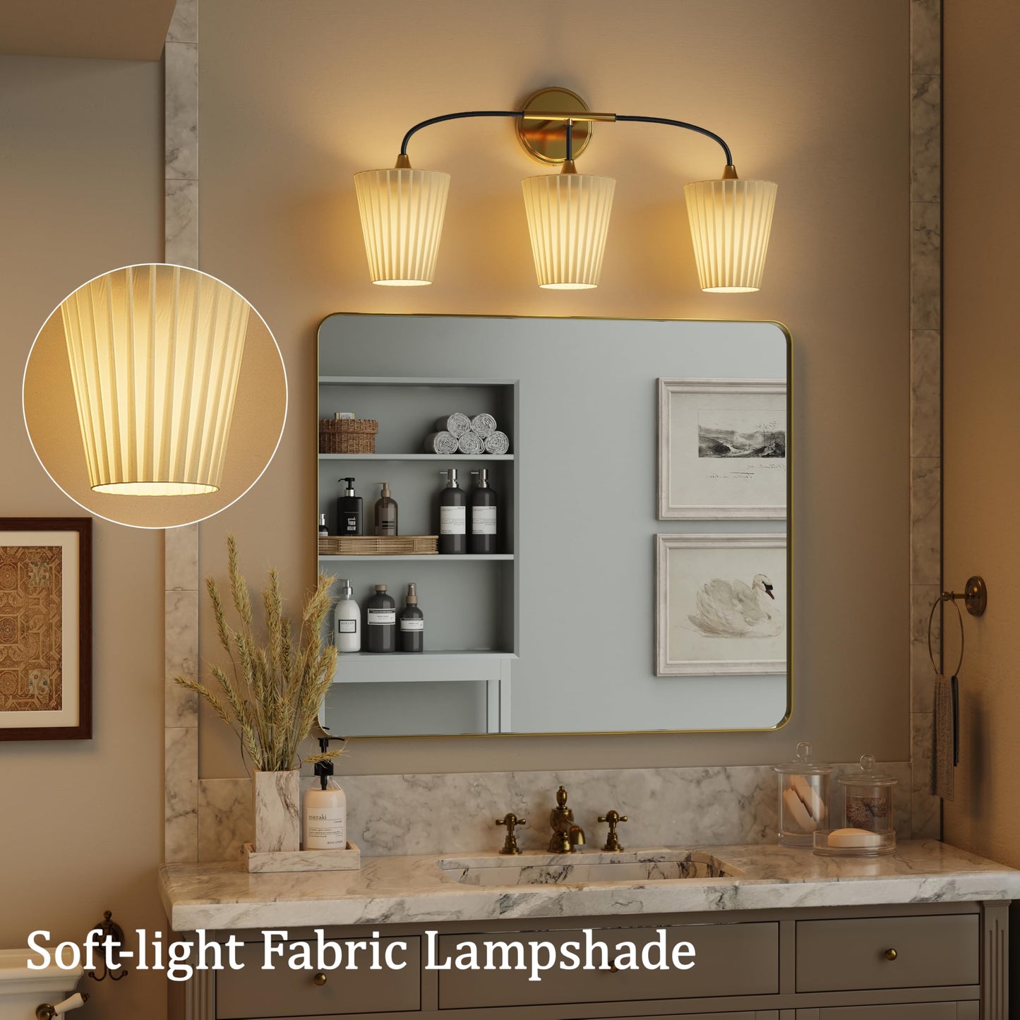 Lanxithen Bathroom Light Fixtures Over Mirror, 3 Light Vanity Light for Bathroom, Black Gold Vanity Light Fixtures with Flared Ivory White Fabric