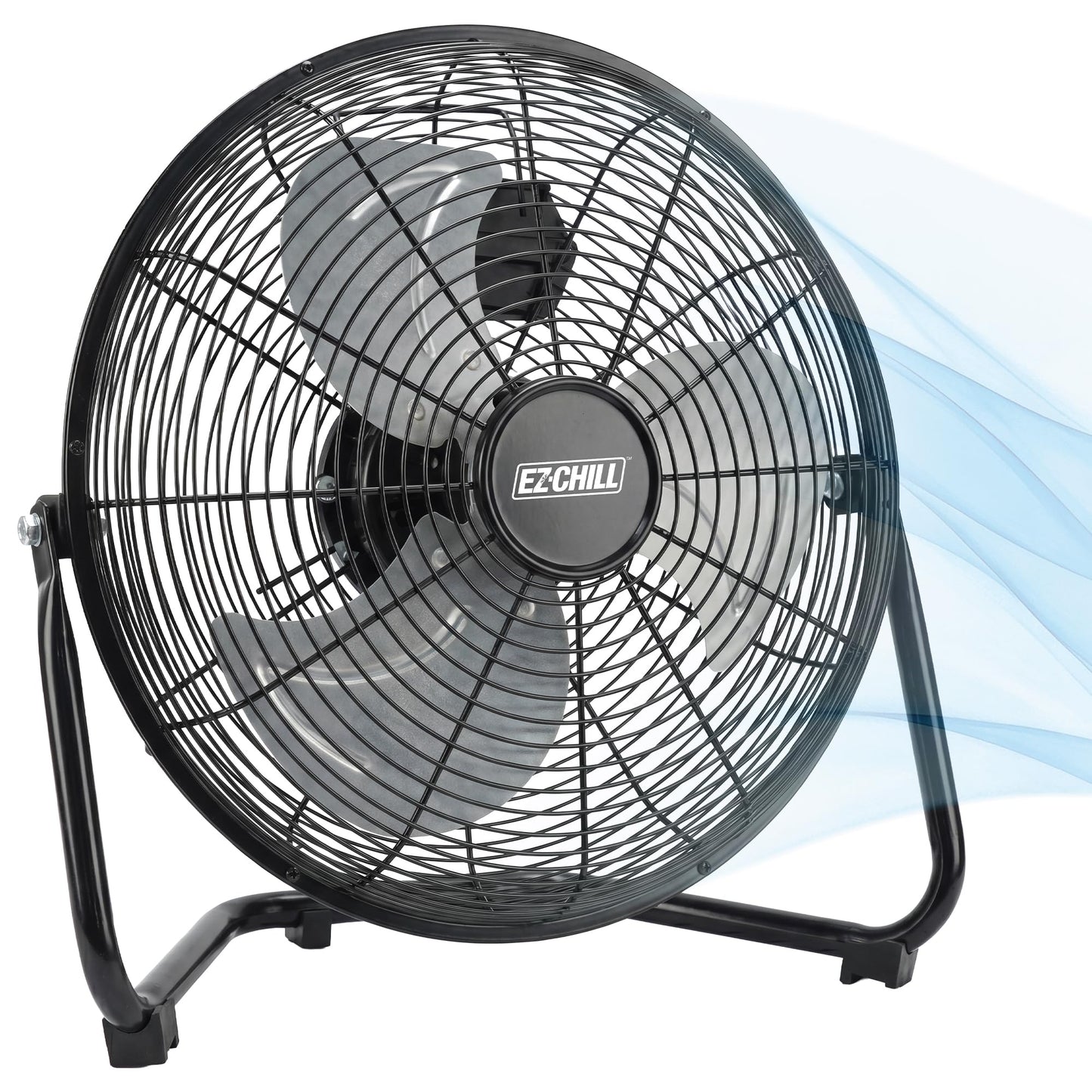 EZ-CHILL 12” Cradle Floor Fan, 3 Speed, High Velocity, 180 Degree Adjustable Tilt, All-Metal, Carry Handle, Rubber Feet, Airflow 15.42 ft/sec, Ideal
