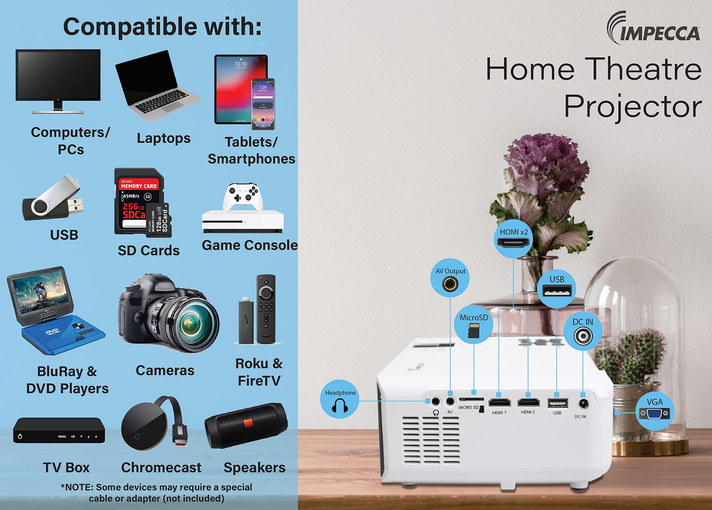 Impecca VP-300WK LED Home Theater Projector, HD 720p Picture Quality, Projecting Spectacle up to 180", Built-in Stereo Speakers, Remote Control, 160
