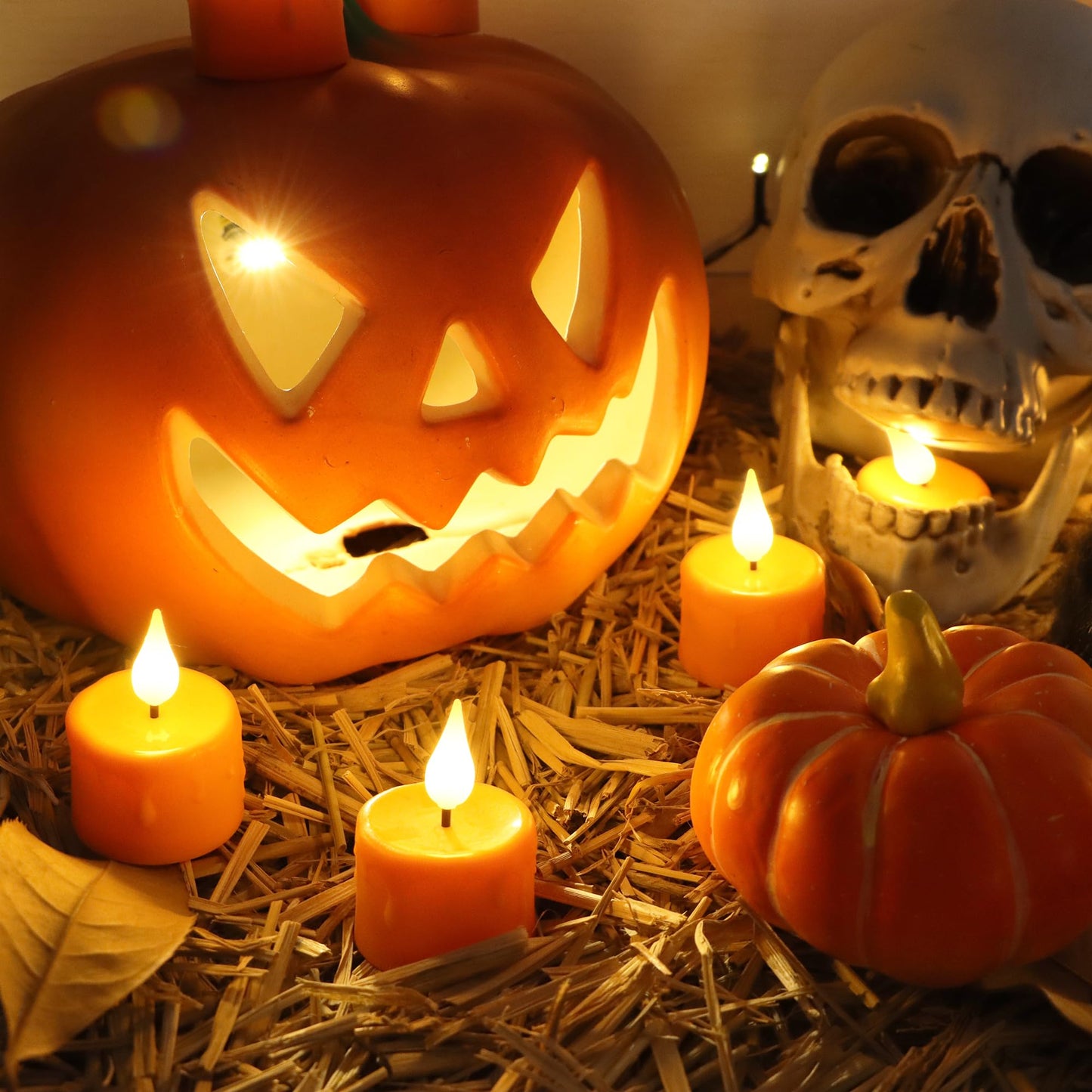 FREEPOWER Orange Halloween Candles,Rechargeable Flameless Candles with Remote Timer, Soft 3D Wick LED Tealights Candle, Rechargeable Candles