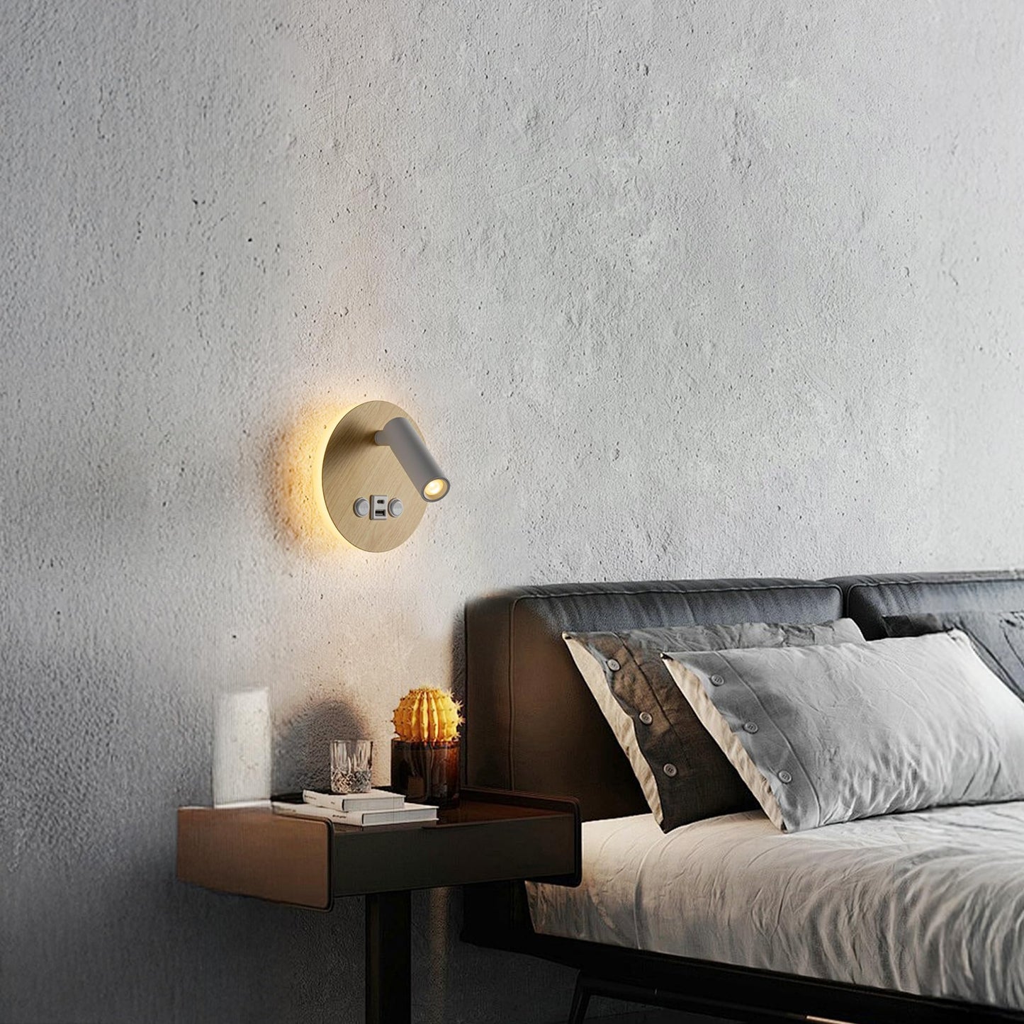 Modern Multi-Purpose Wall Sconces?5.9" Wood Grain Hardwired Wall Light Fixture with USB/Type-C Charging Port for Bedroom/Stdudy, Rotatable Spotlight