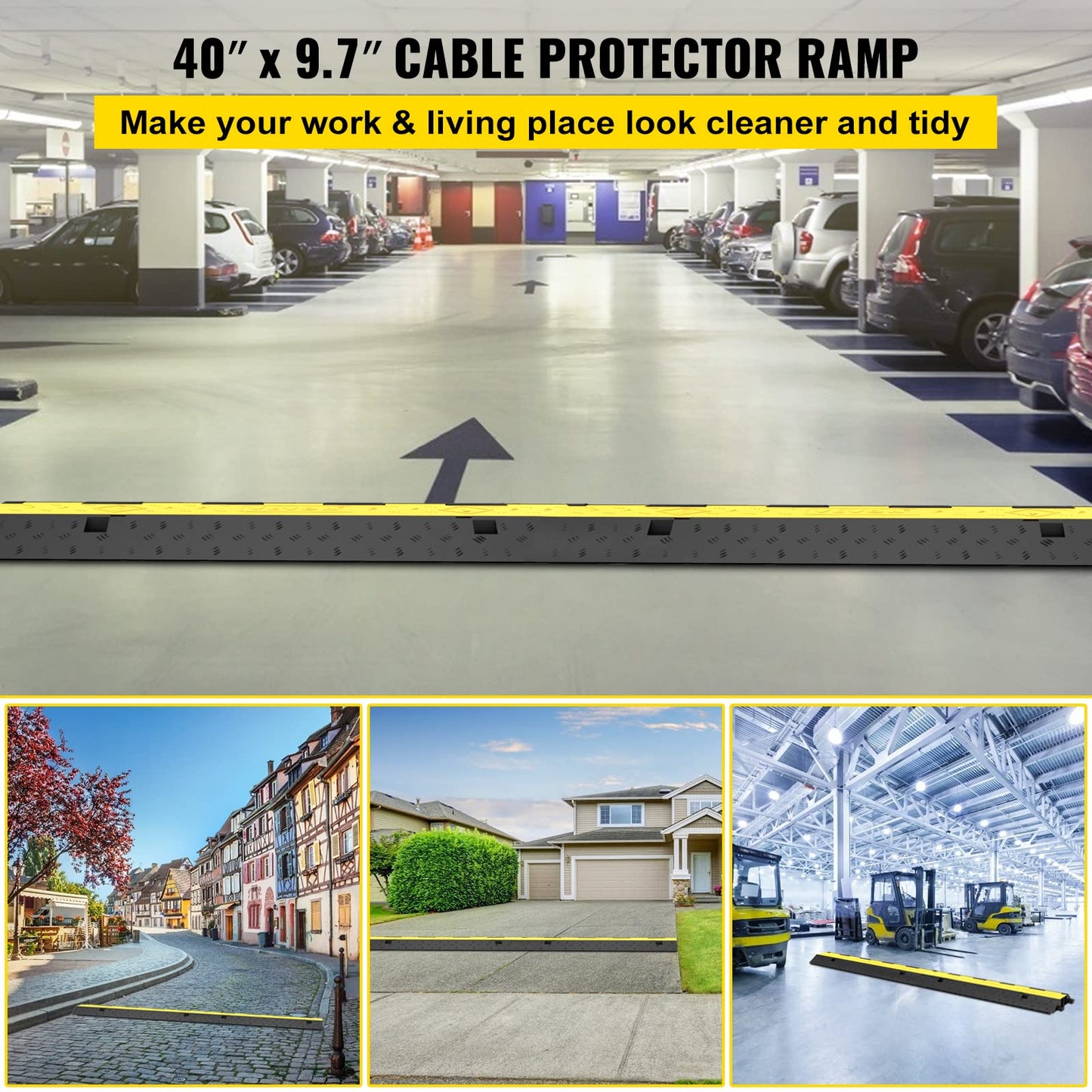 VEVOR Cable Protector Ramp, 4 Packs 2 Channels Rubber Modular Speed Bumps Rated 11000 LBS Load Capacity, Protective Wire Cord Ramp Driveway Rubber