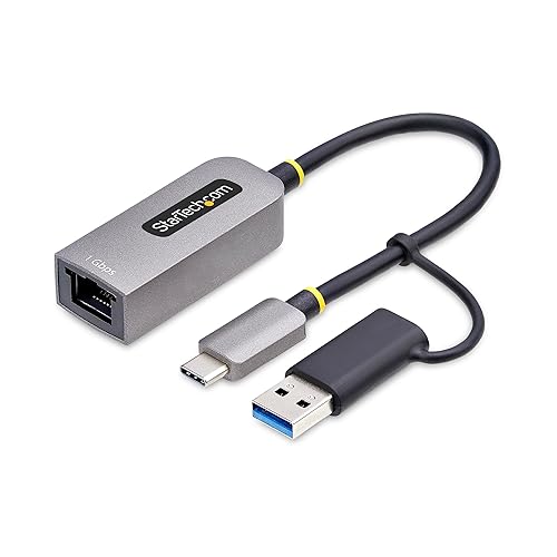 StarTech.com USB-C to Ethernet Adapter w/USB-A Dongle, 10/100/1000Mbps, USB GbE Adapter, 6in/15cm Attached Cable, Status LEDs